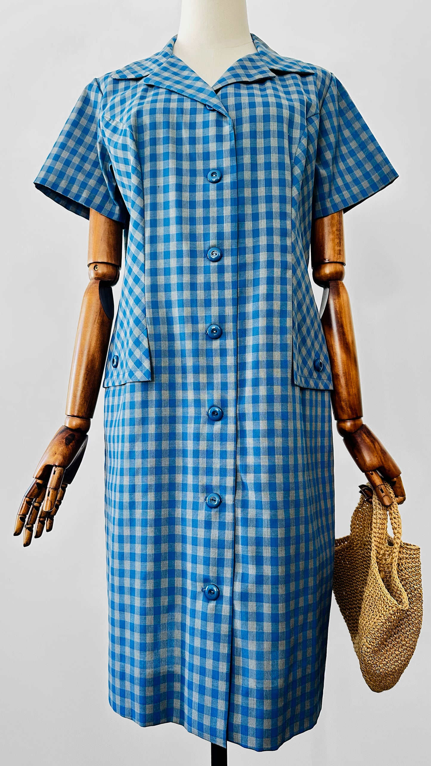 Vintage 1950s - 1960s Blue and Grey Gingham Handmade Button Front Cotton Shift Dress - Sz. M