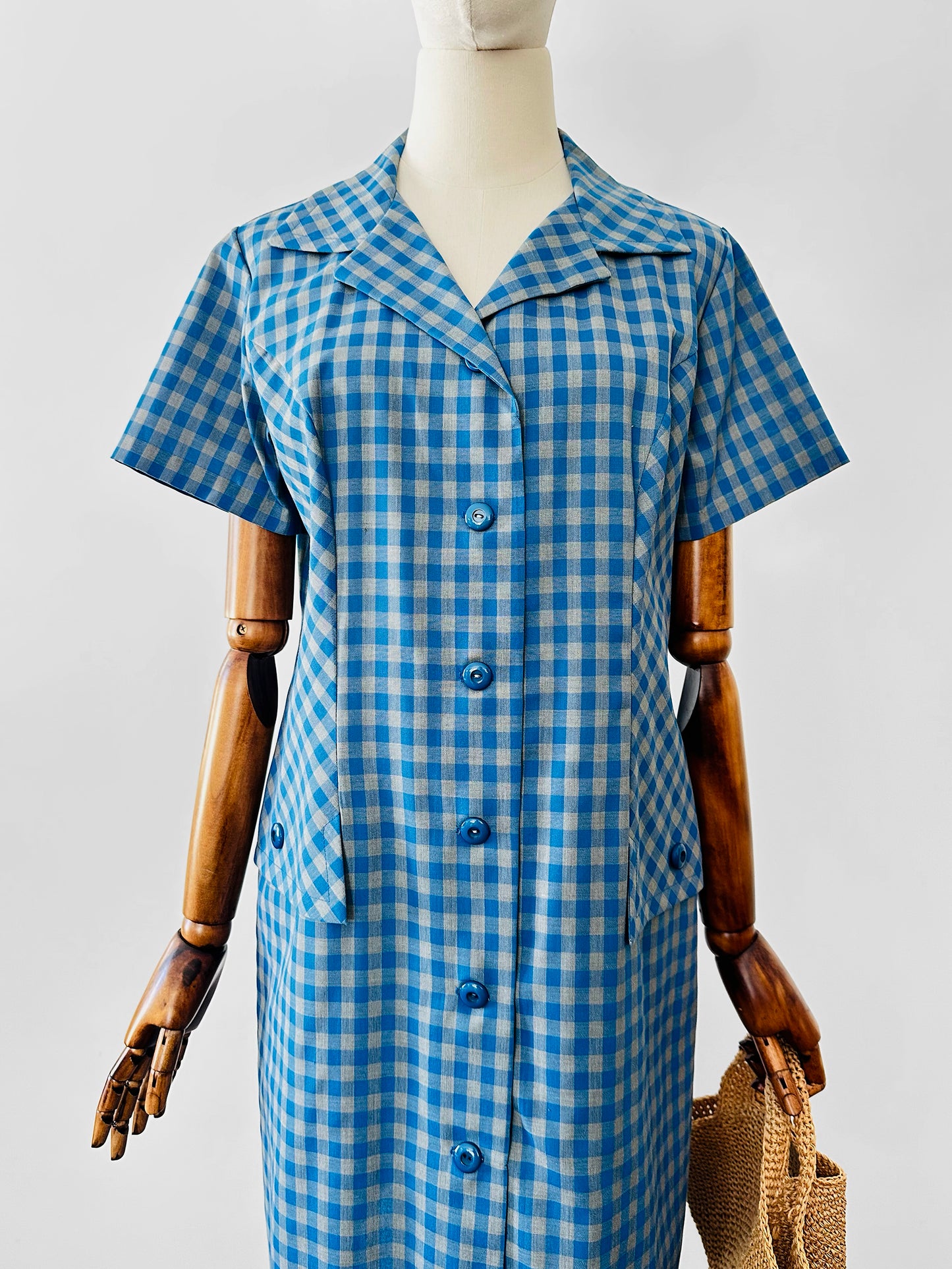Vintage 1950s - 1960s Blue and Grey Gingham Handmade Button Front Cotton Shift Dress - Sz. M