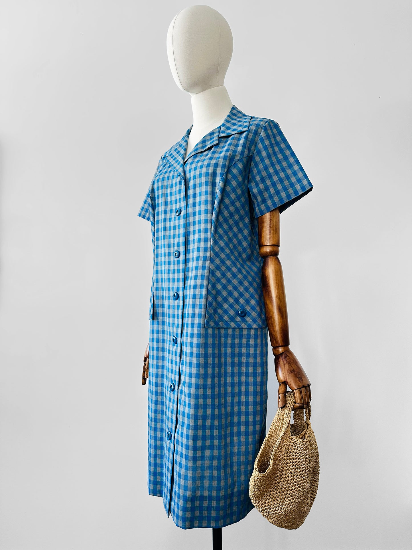 Vintage 1950s - 1960s Blue and Grey Gingham Handmade Button Front Cotton Shift Dress - Sz. M