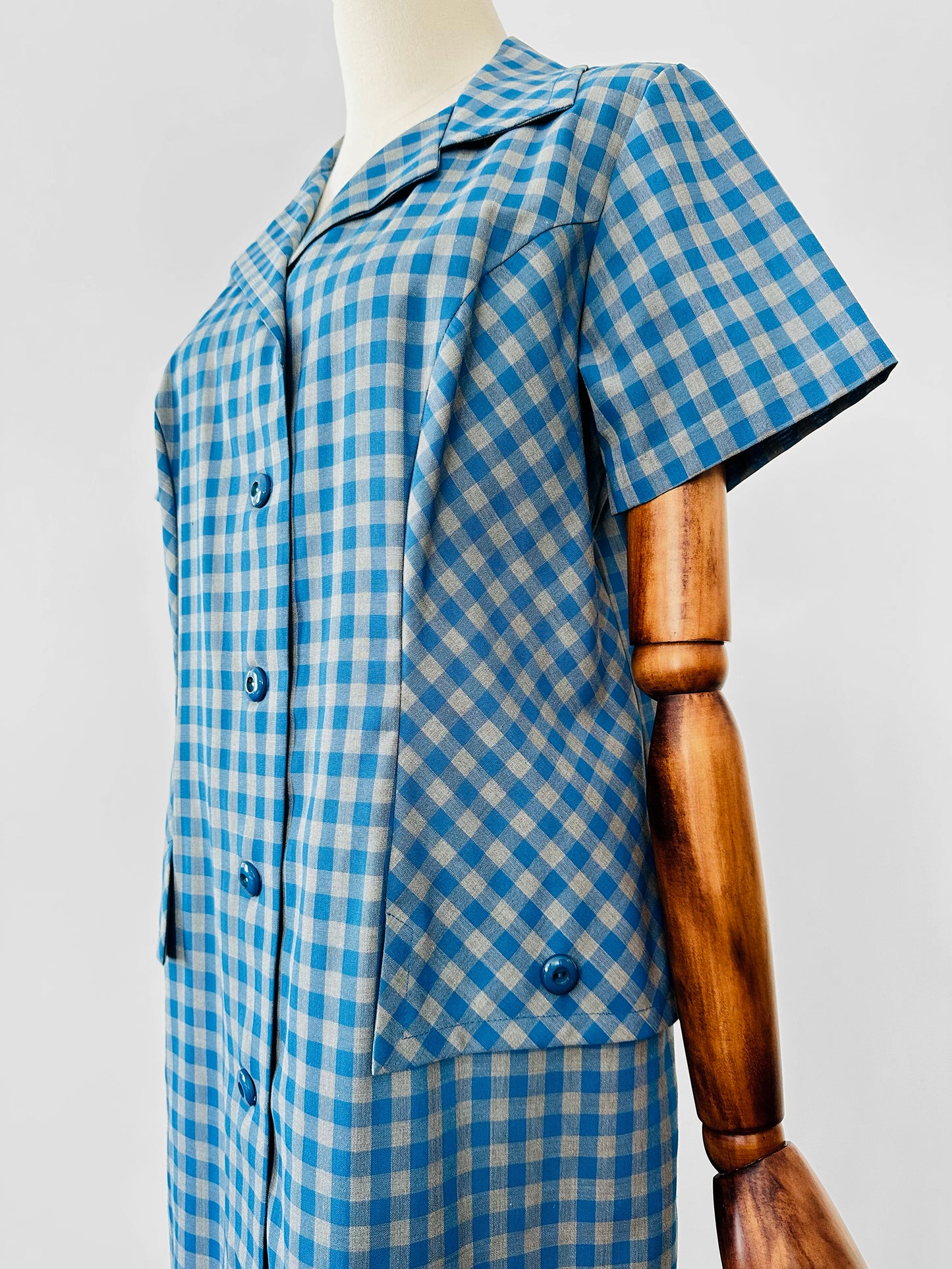 Vintage 1950s - 1960s Blue and Grey Gingham Handmade Button Front Cotton Shift Dress - Sz. M
