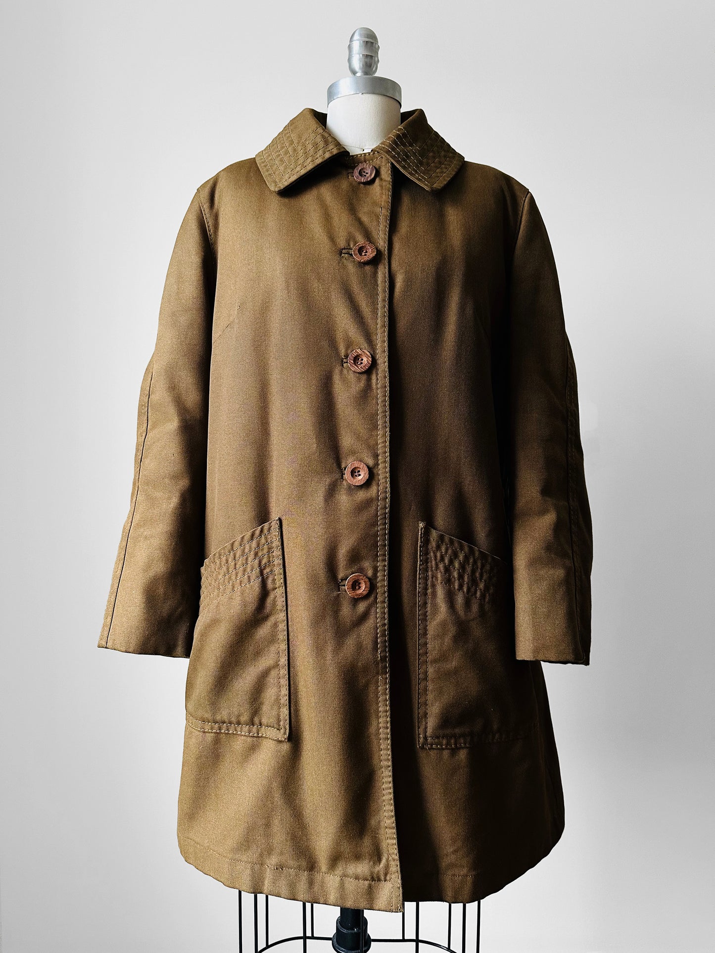 1960s - 1970s Olive Canvas Mighty Mac Gloucester, MA Faux Fur Wood Button Jacket - Sz. S/M