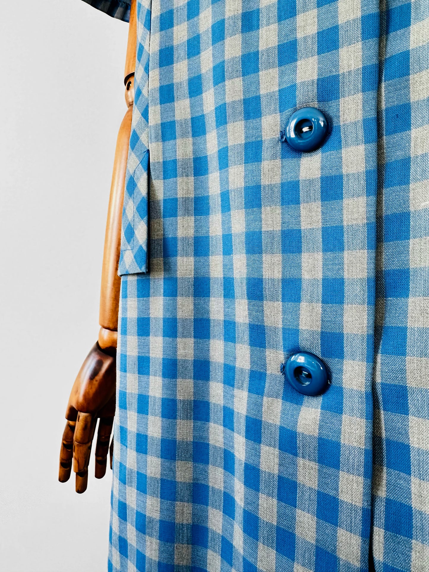 Vintage 1950s - 1960s Blue and Grey Gingham Handmade Button Front Cotton Shift Dress - Sz. M