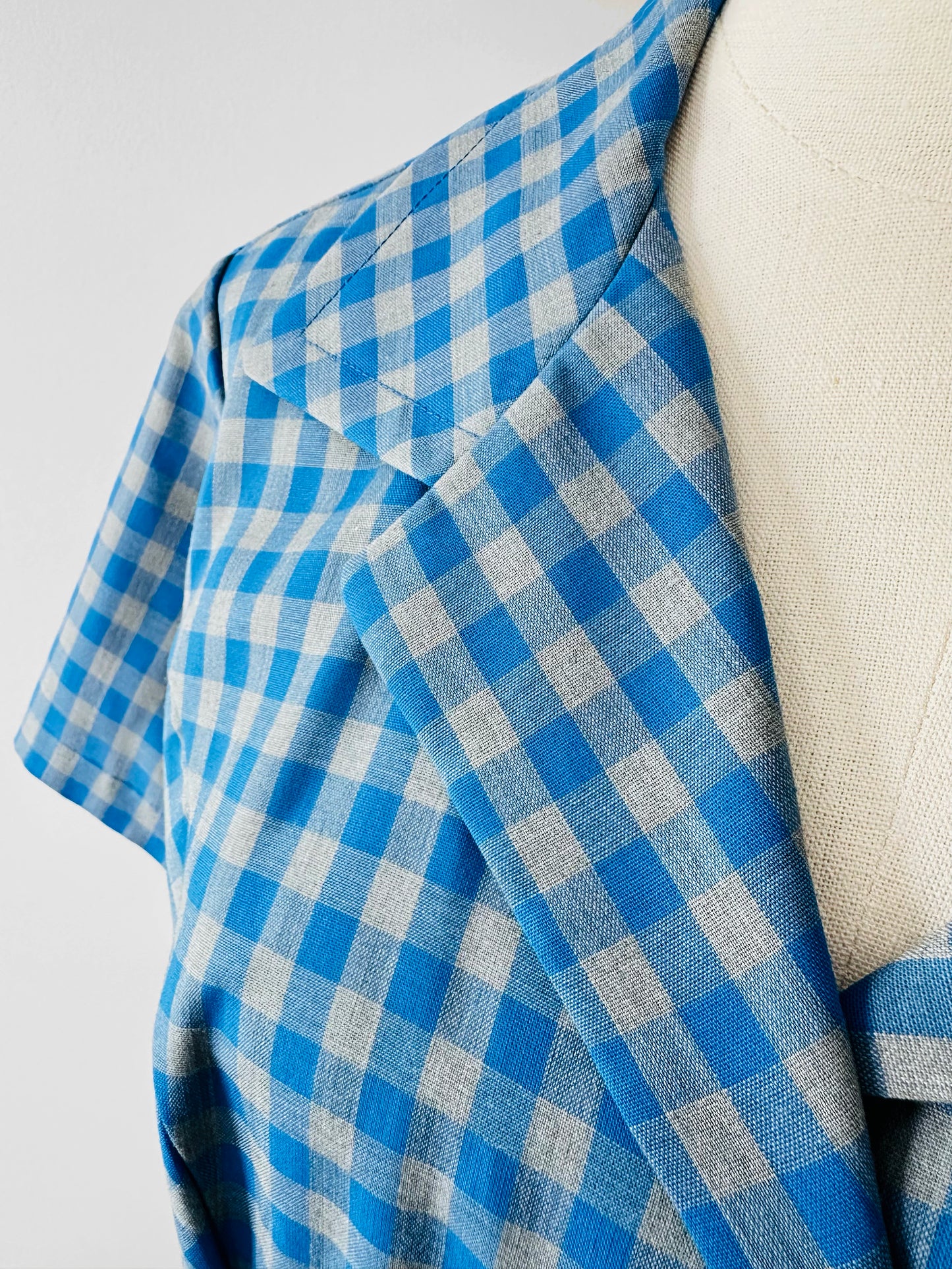 Vintage 1950s - 1960s Blue and Grey Gingham Handmade Button Front Cotton Shift Dress - Sz. M