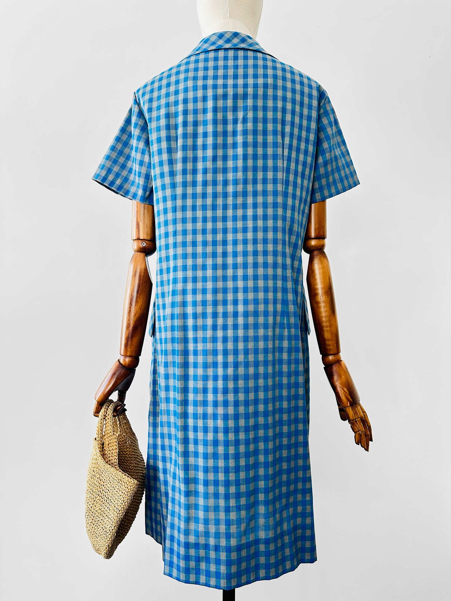 Vintage 1950s - 1960s Blue and Grey Gingham Handmade Button Front Cotton Shift Dress - Sz. M