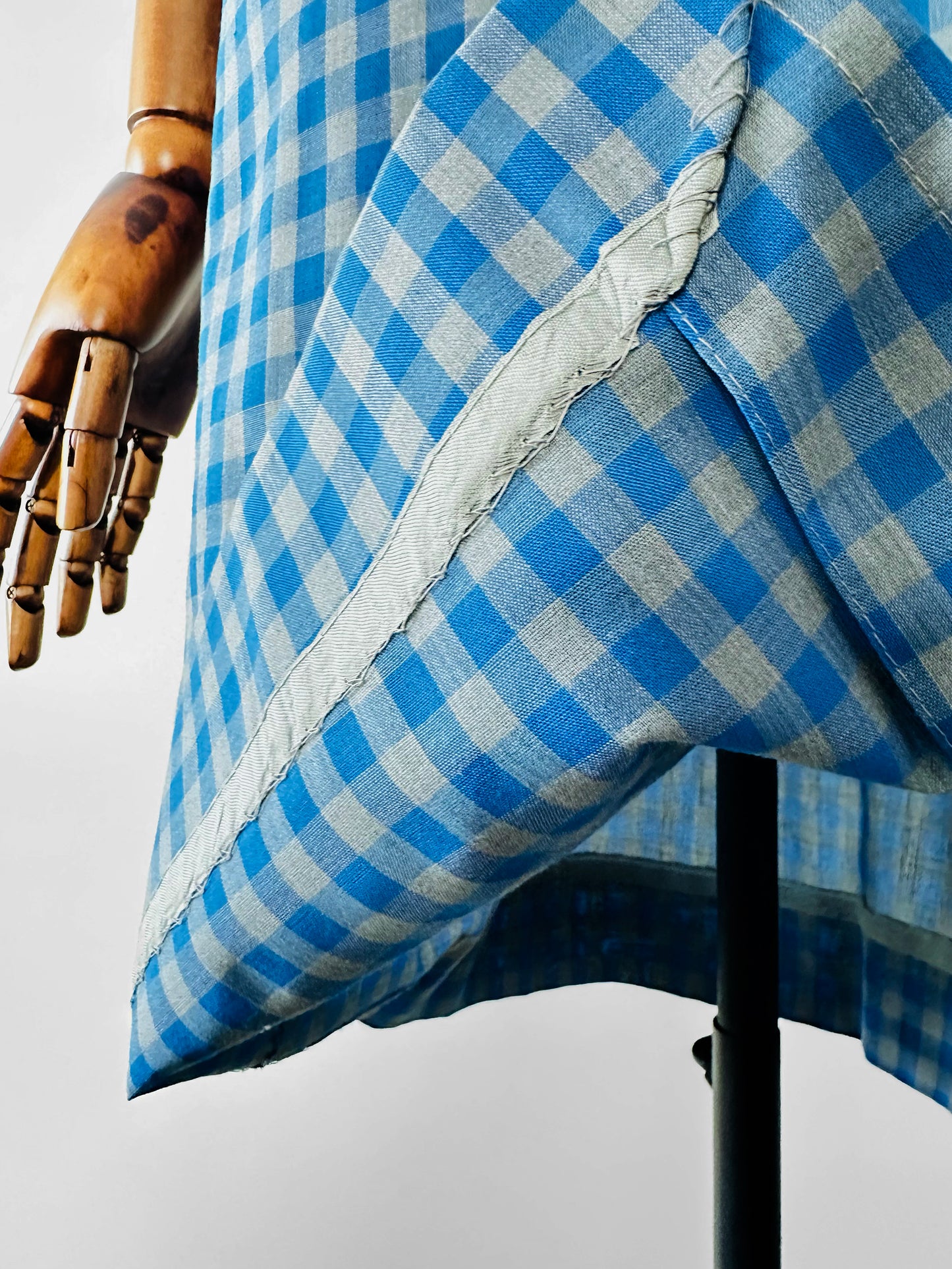 Vintage 1950s - 1960s Blue and Grey Gingham Handmade Button Front Cotton Shift Dress - Sz. M