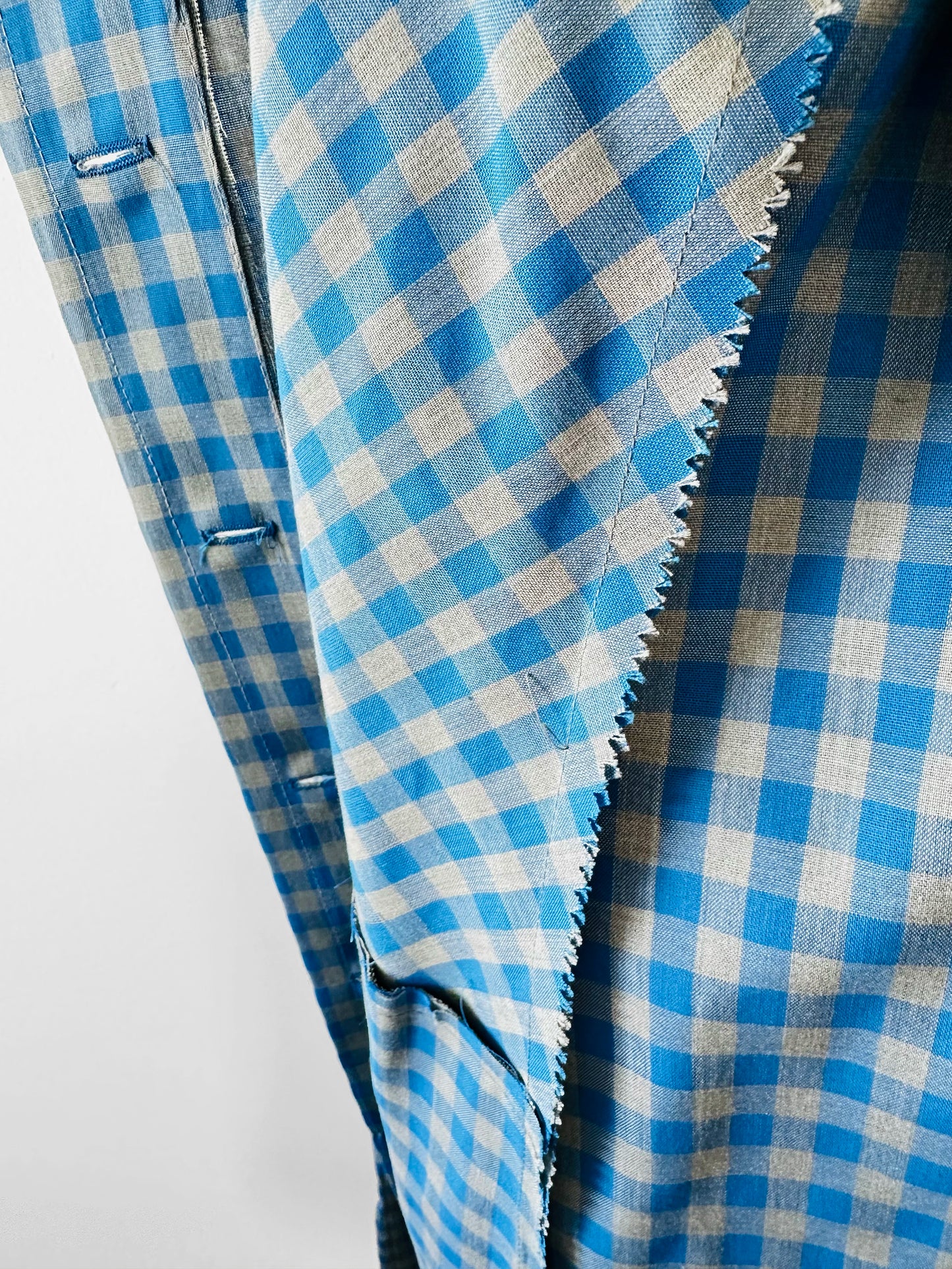 Vintage 1950s - 1960s Blue and Grey Gingham Handmade Button Front Cotton Shift Dress - Sz. M