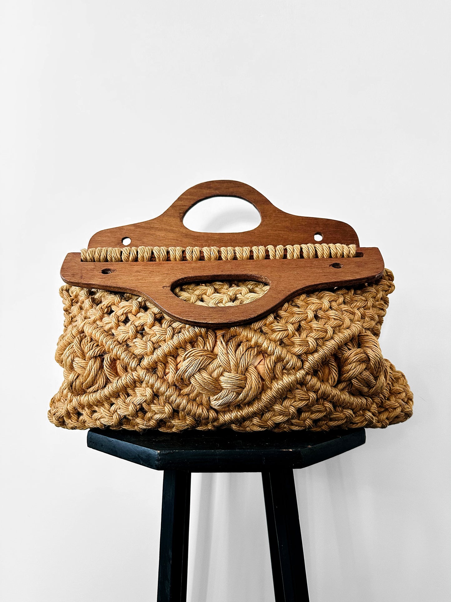 Vintage 1960s - 1970s Natural Woven Macrame Wood Handle Bag