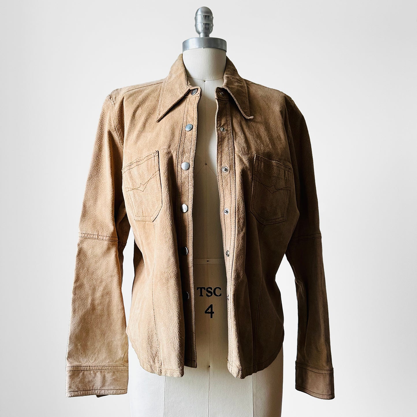 1990s Tan Suede Leather Snap Button Collared Shirt - Sz. Sm