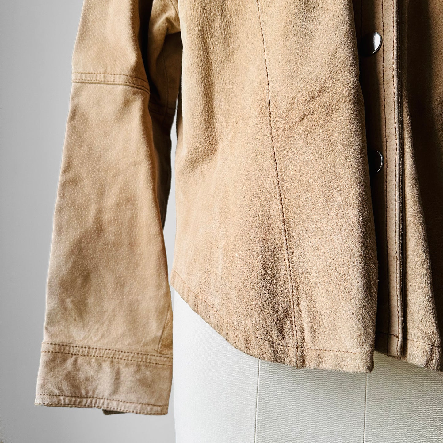 1990s Tan Suede Leather Snap Button Collared Shirt - Sz. Sm