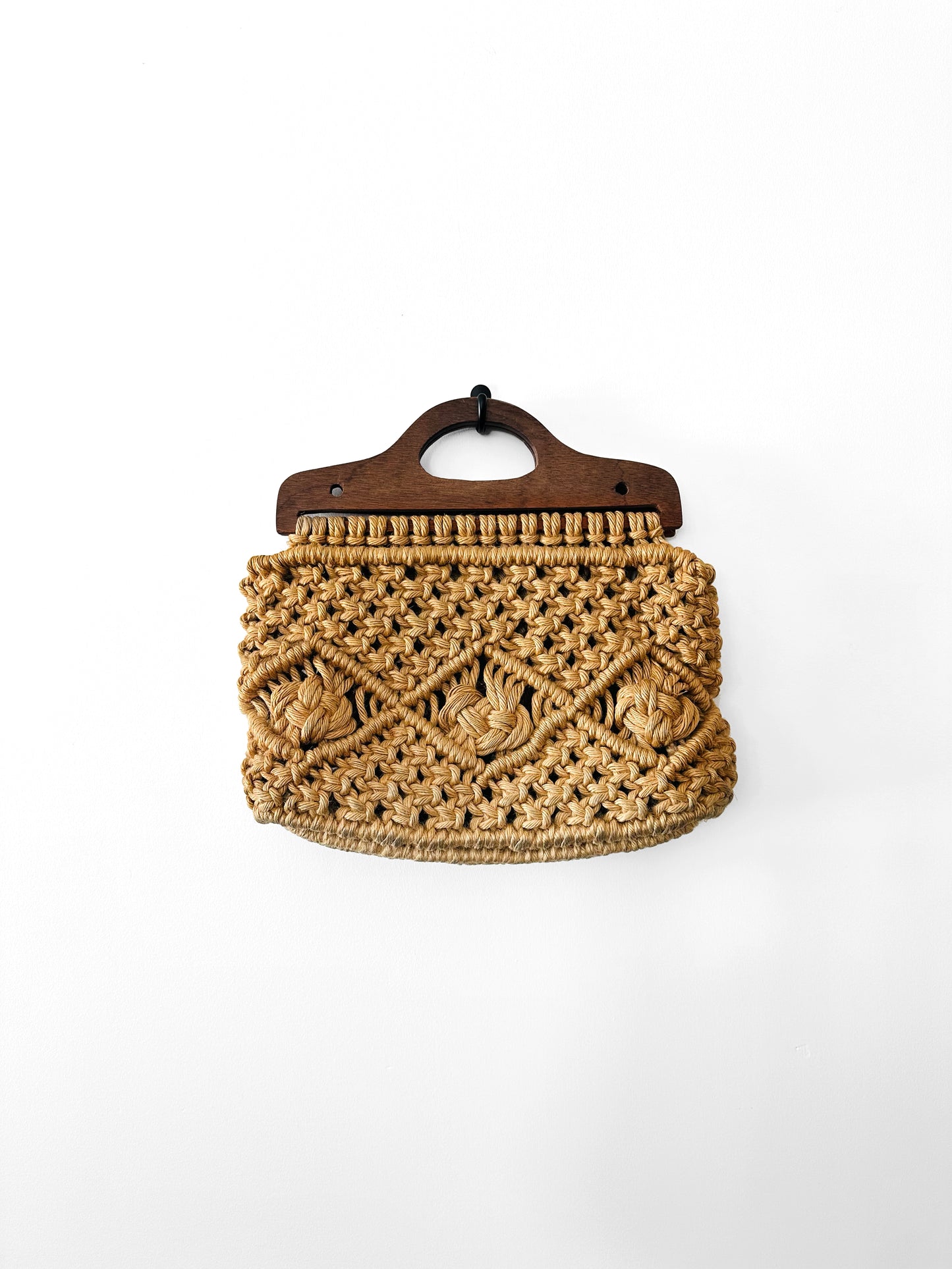 Vintage 1960s - 1970s Natural Woven Macrame Wood Handle Bag