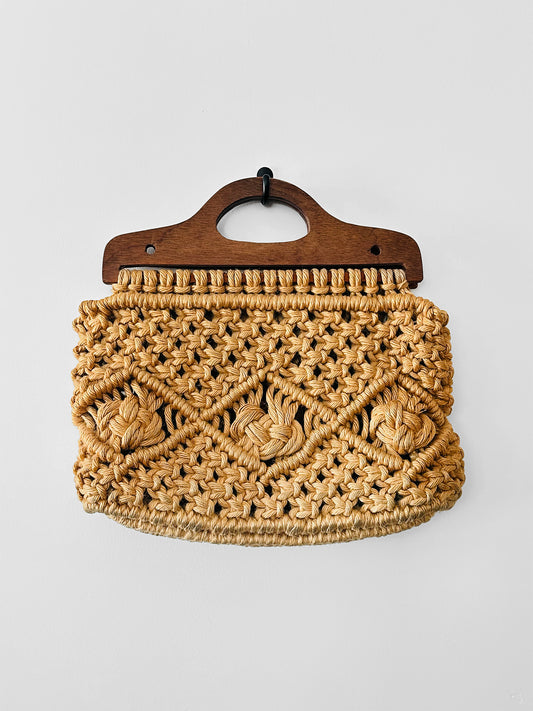 Vintage 1960s - 1970s Natural Woven Macrame Wood Handle Bag