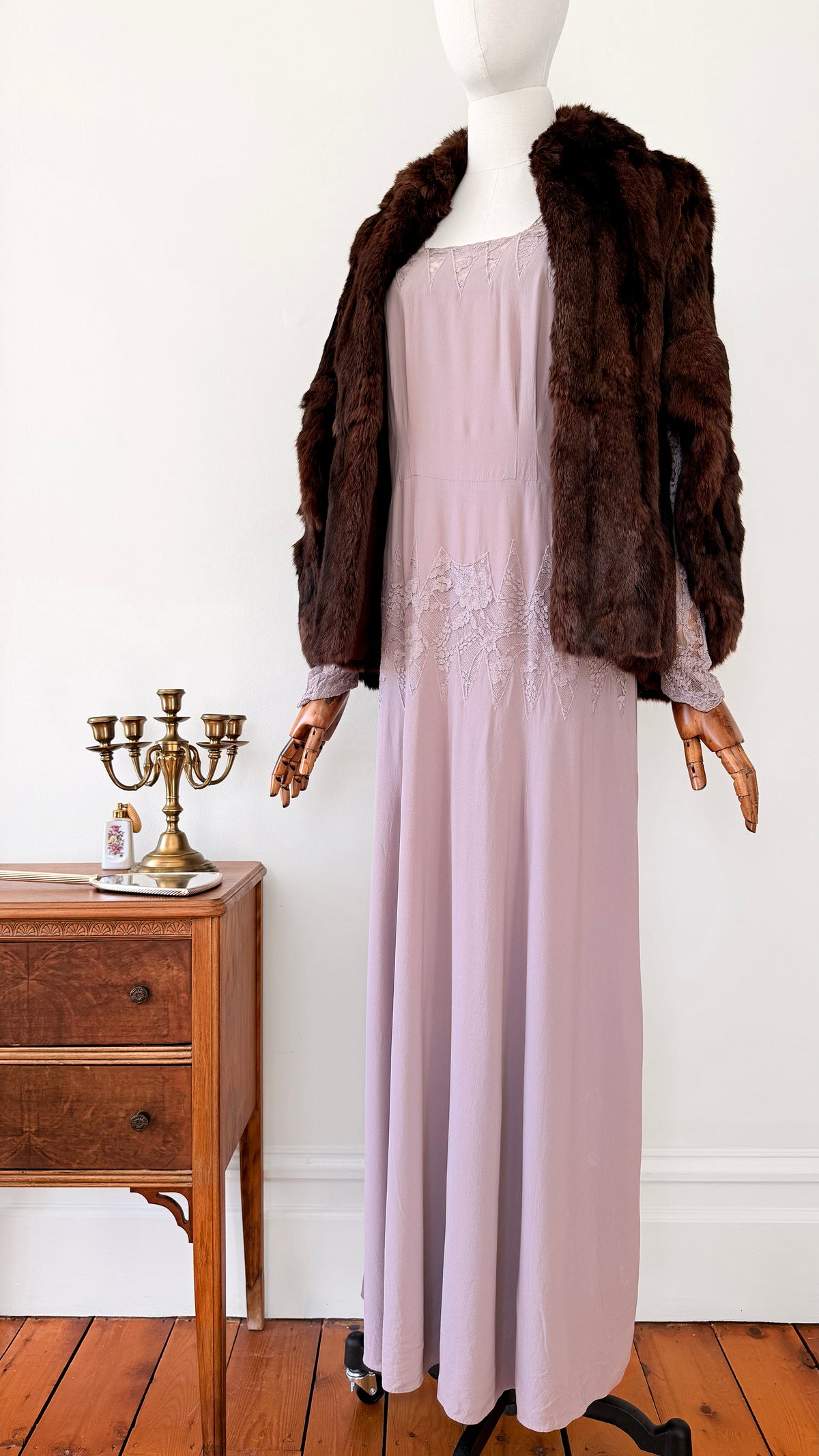 1930s Pale Lavender Floor Length Lace Art Deco Dress - Sz. M