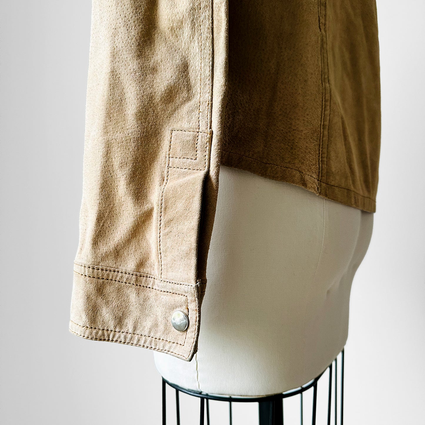 1990s Tan Suede Leather Snap Button Collared Shirt - Sz. Sm