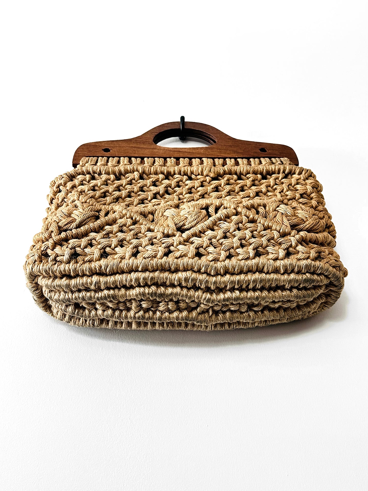 Vintage 1960s - 1970s Natural Woven Macrame Wood Handle Bag