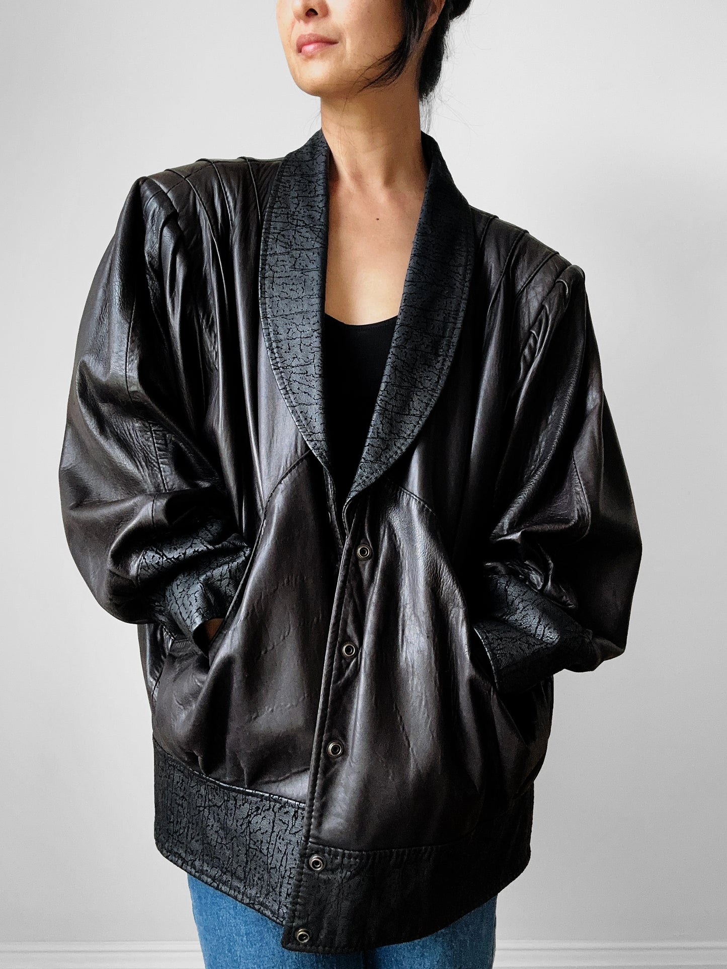 1980s Black Buttery Soft Relax Fit Snap Button Leather Jacket - Sz. M/L