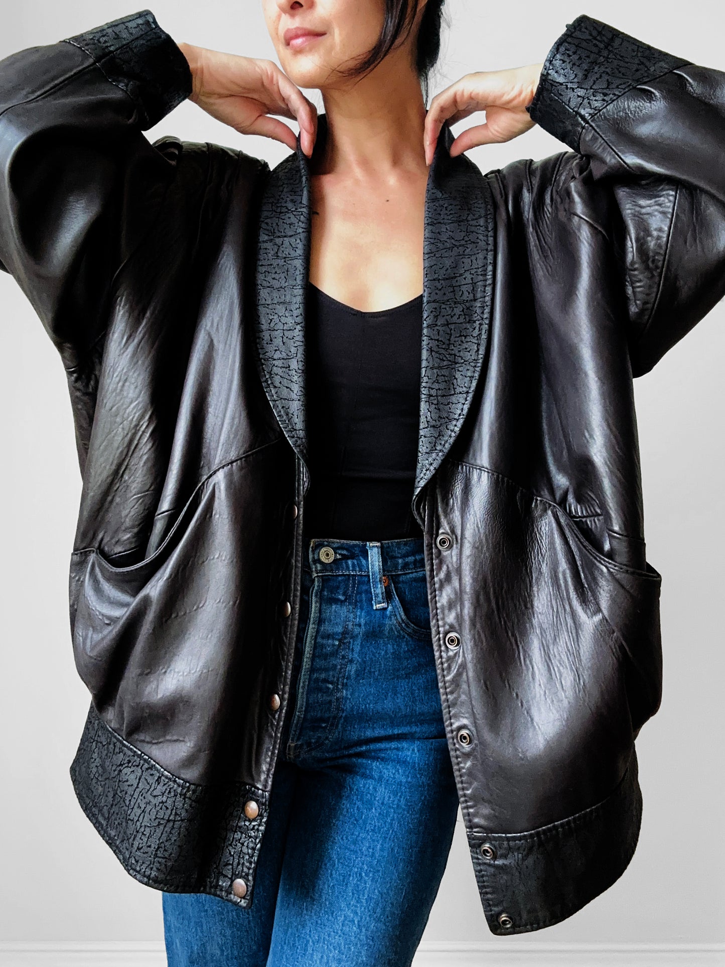 1980s Black Buttery Soft Relax Fit Snap Button Leather Jacket - Sz. M/L