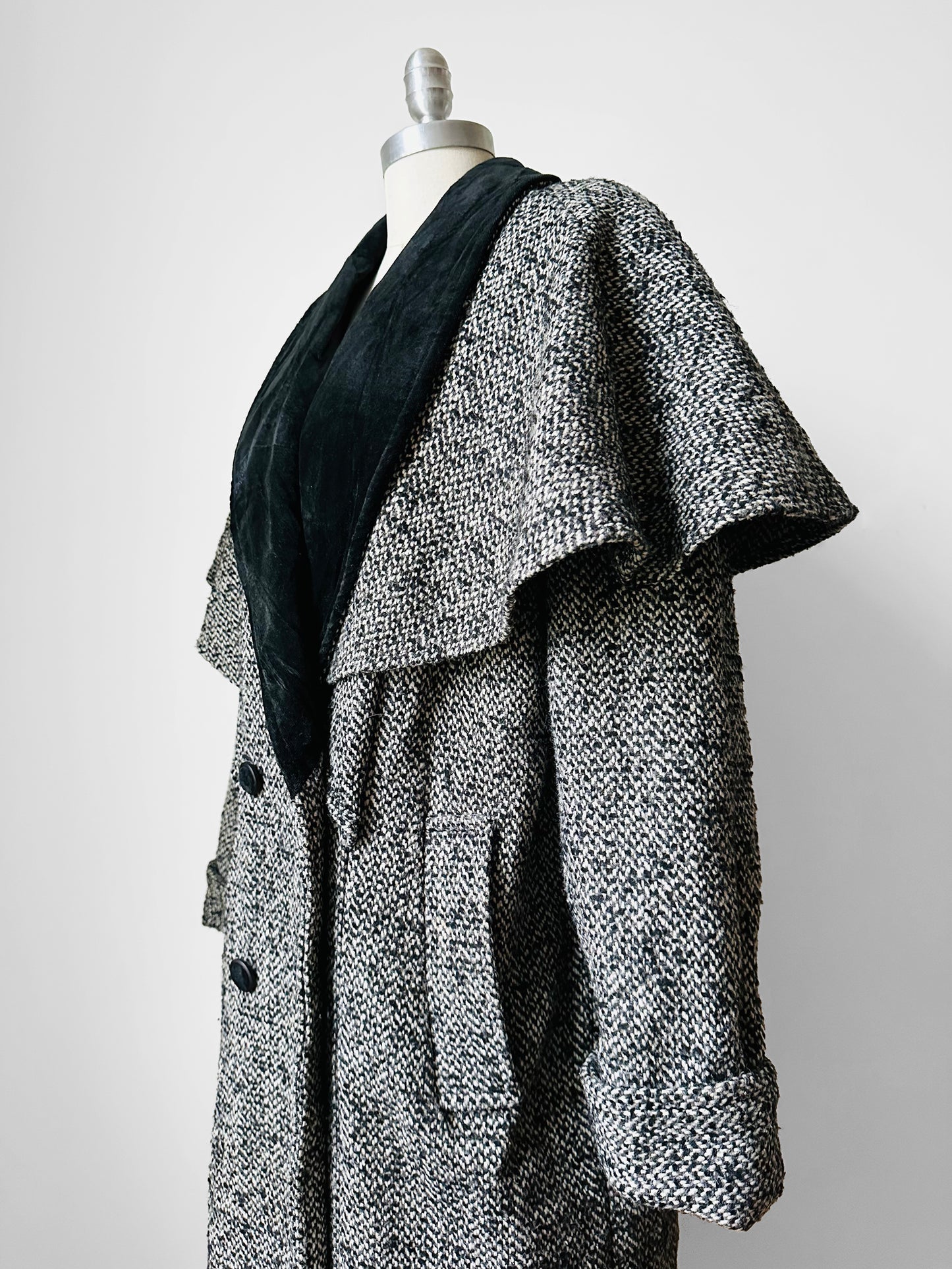 1980s Black and White Caped Wool Tweed Coat