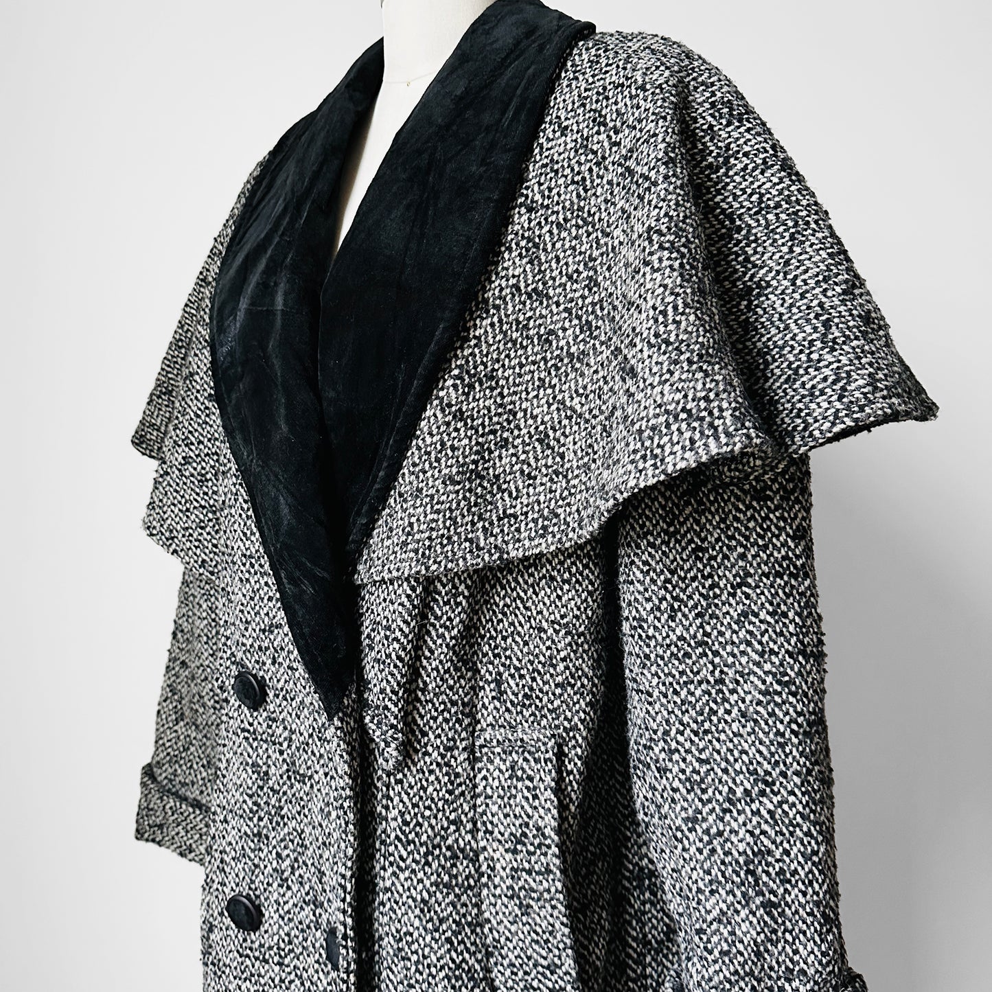 1980s Black and White Caped Wool Tweed Coat