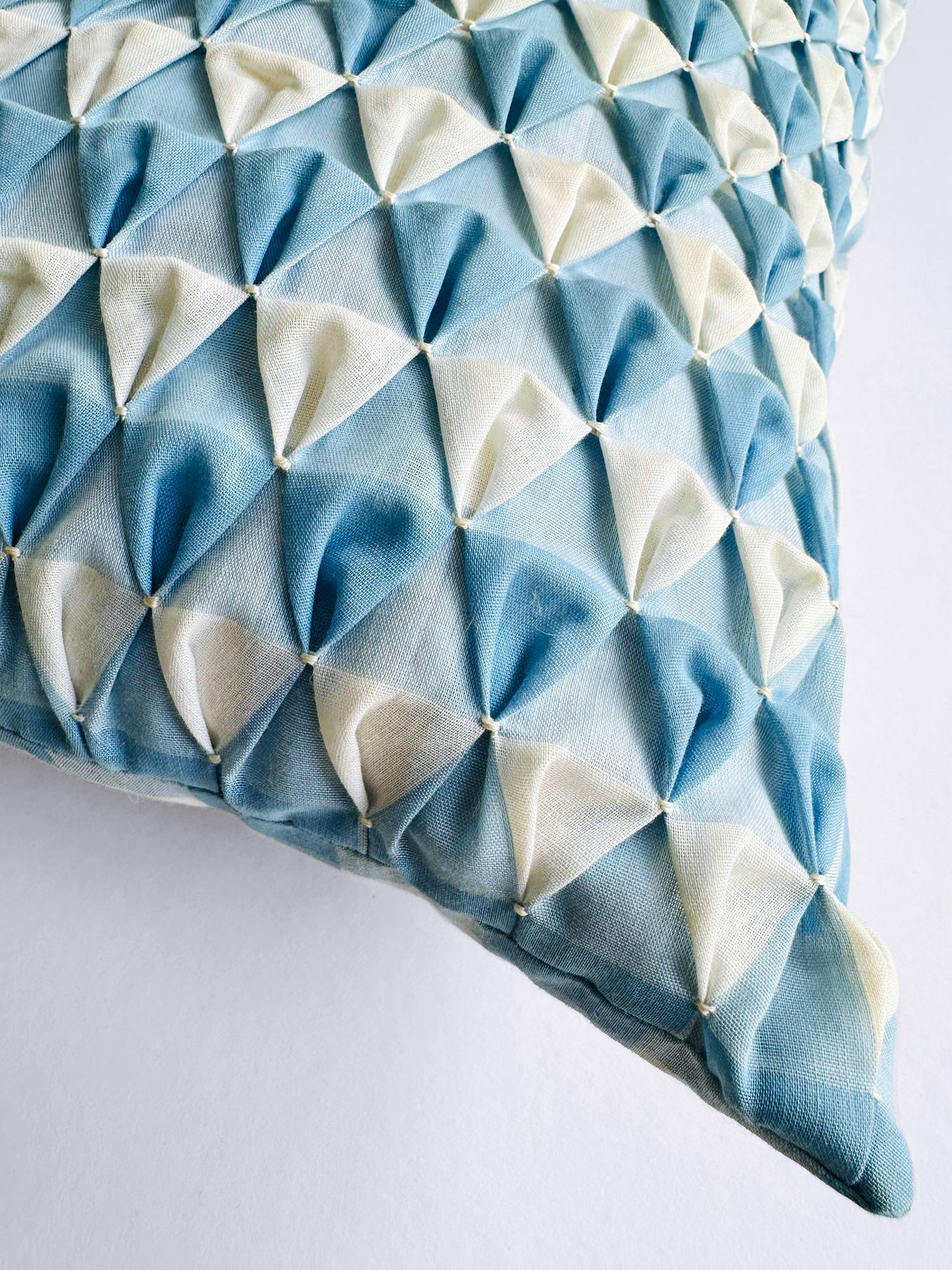 Vintage Mid-Century 1960s Soft Blue and Off-White Handmade Geometric Pintuck Smocked Throw Cushion