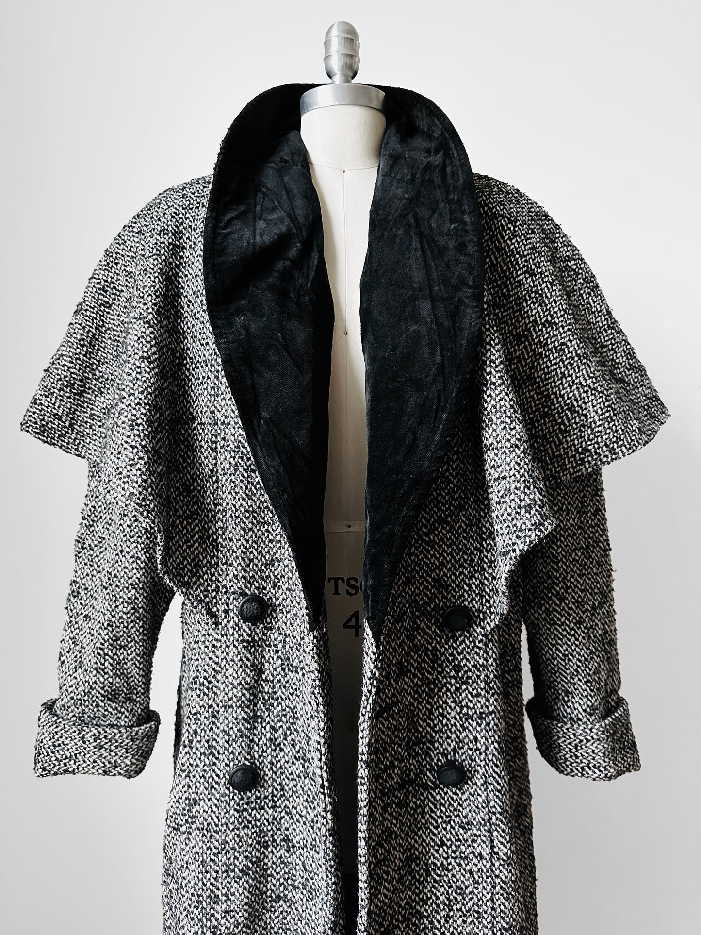 1980s Black and White Caped Wool Tweed Coat