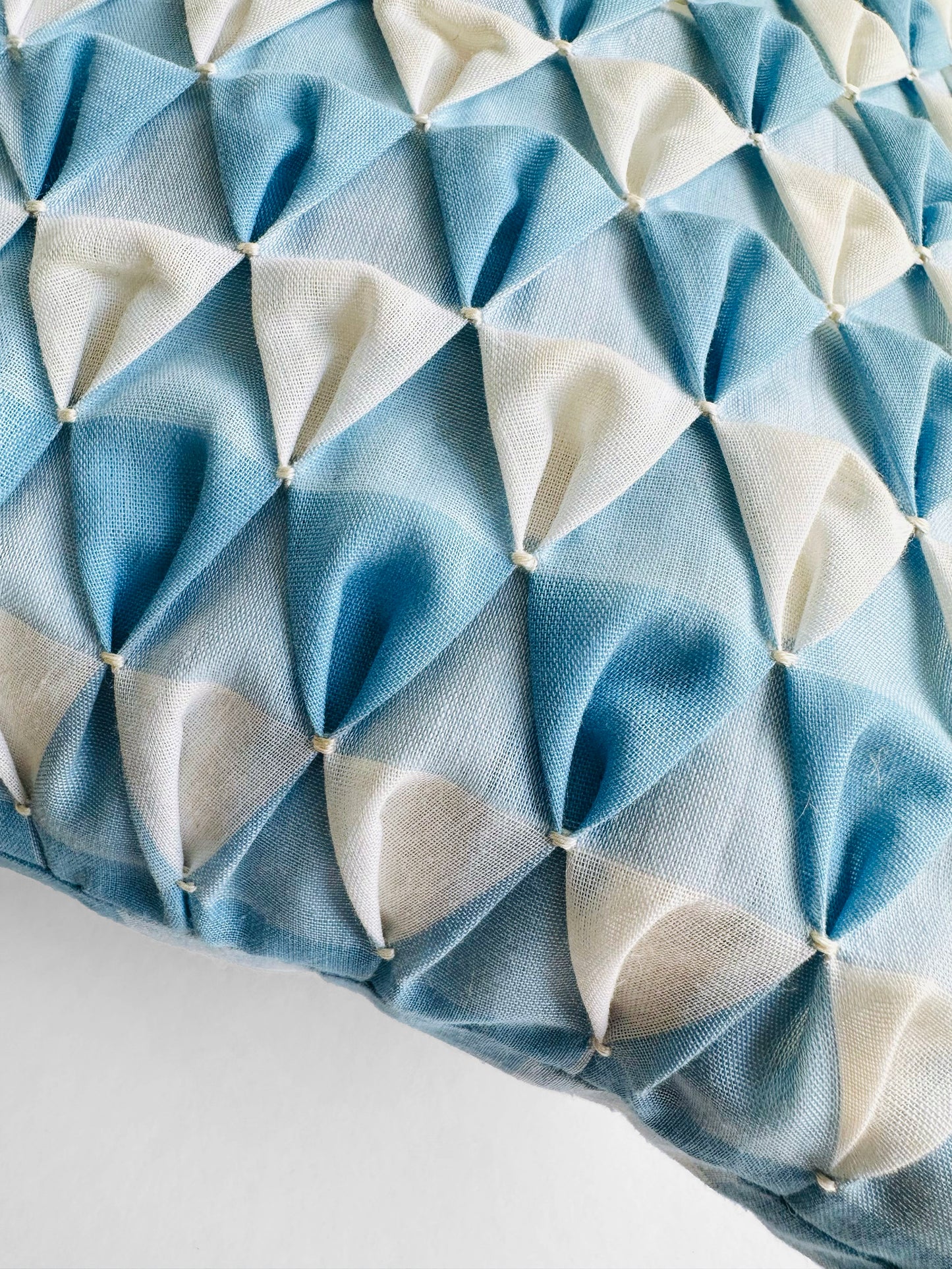 Vintage Mid-Century 1960s Soft Blue and Off-White Handmade Geometric Pintuck Smocked Throw Cushion