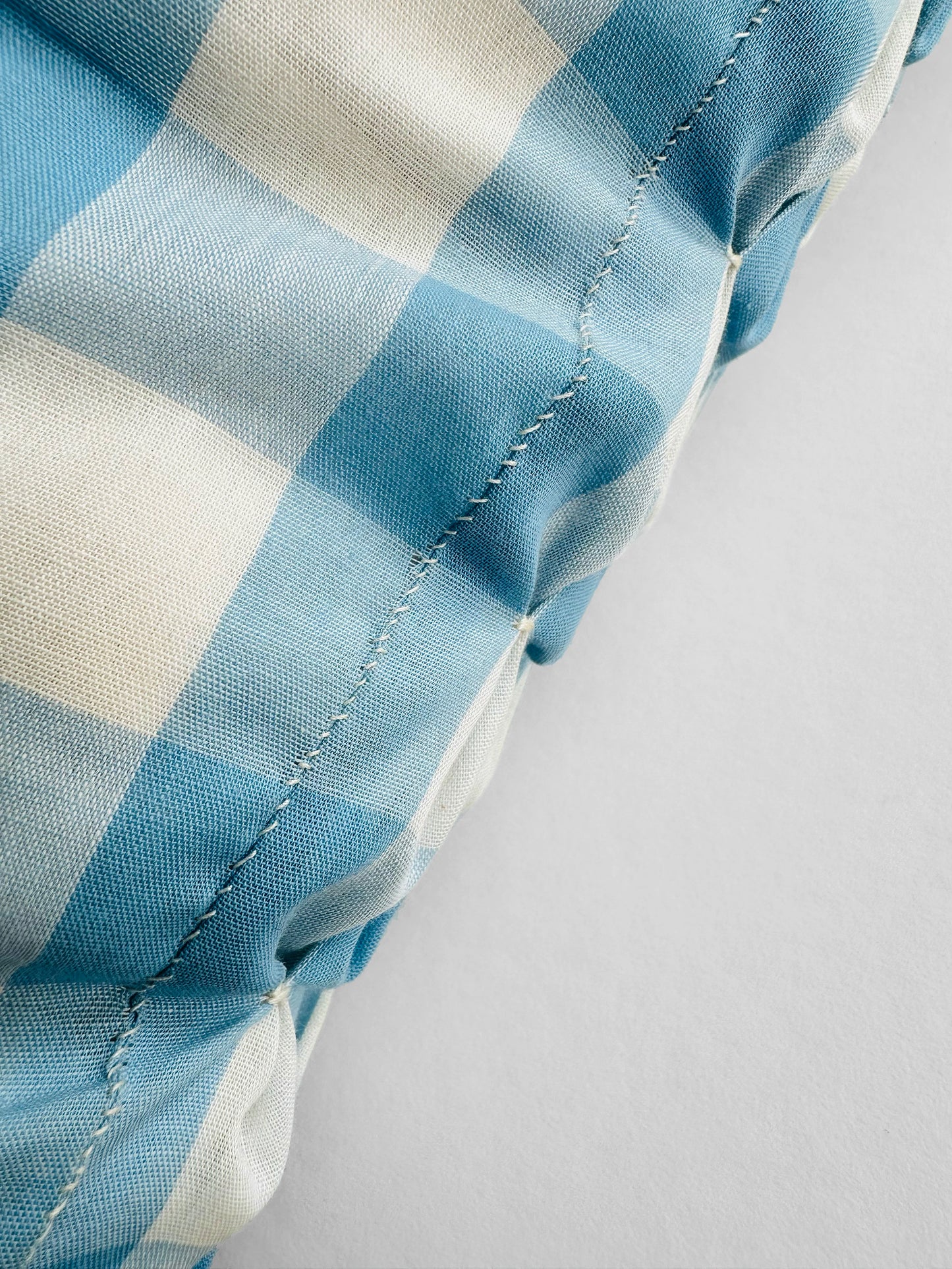 Vintage Mid-Century 1960s Soft Blue and Off-White Handmade Geometric Pintuck Smocked Throw Cushion