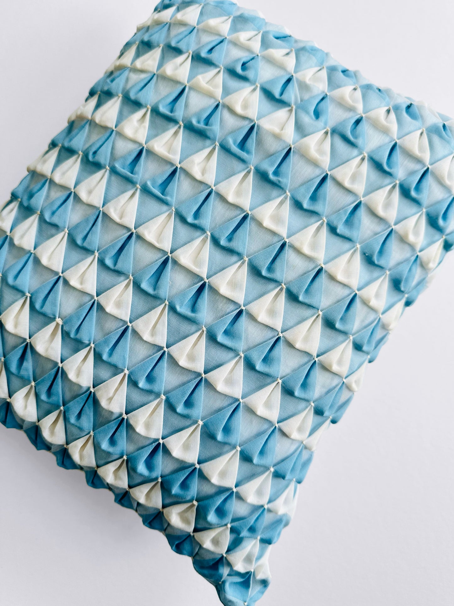 Vintage Mid-Century 1960s Soft Blue and Off-White Handmade Geometric Pintuck Smocked Throw Cushion