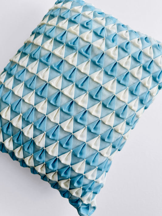 Vintage Mid-Century 1960s Soft Blue and Off-White Handmade Geometric Pintuck Smocked Throw Cushion