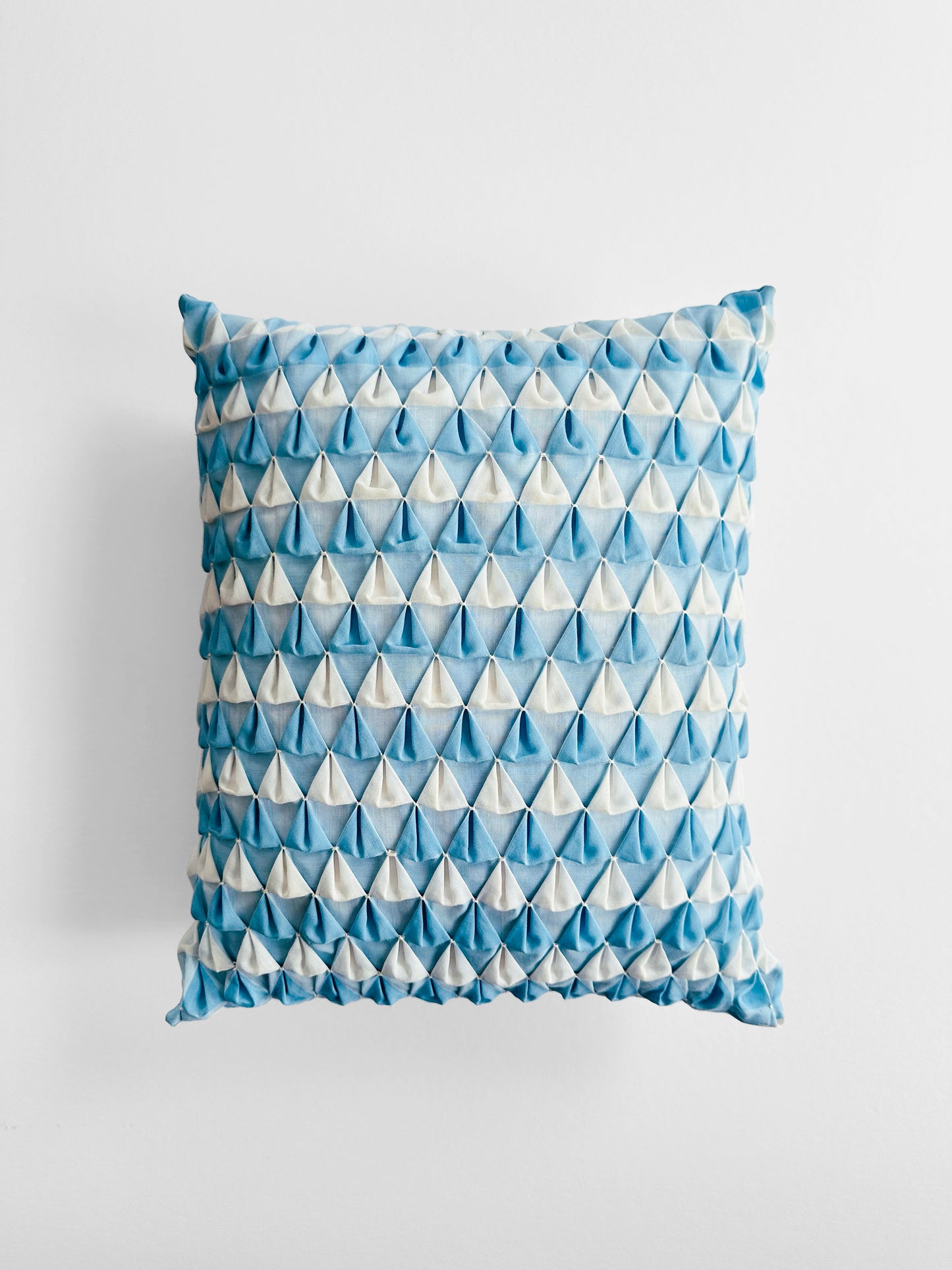 Vintage Mid-Century 1960s Soft Blue and Off-White Handmade Geometric Pintuck Smocked Throw Cushion