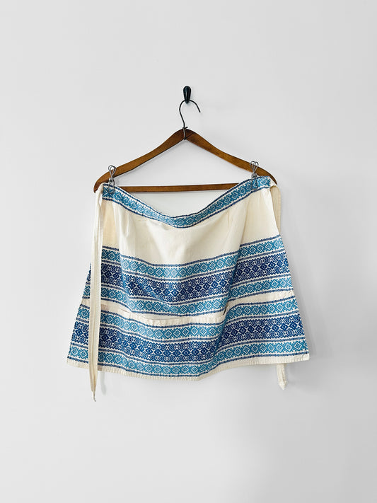 Vintage 1960s Blue and Off-White Cotton Linen Folk Embroidered Apron