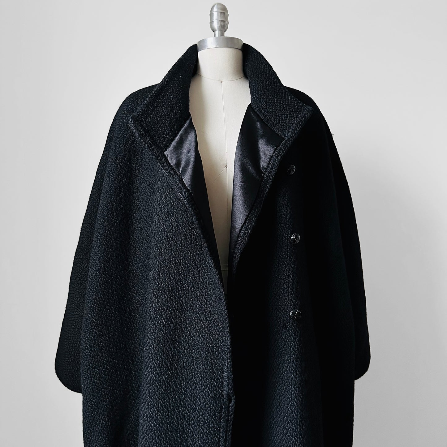 1980s Black Wool Full Length Wrap Shawl Coat