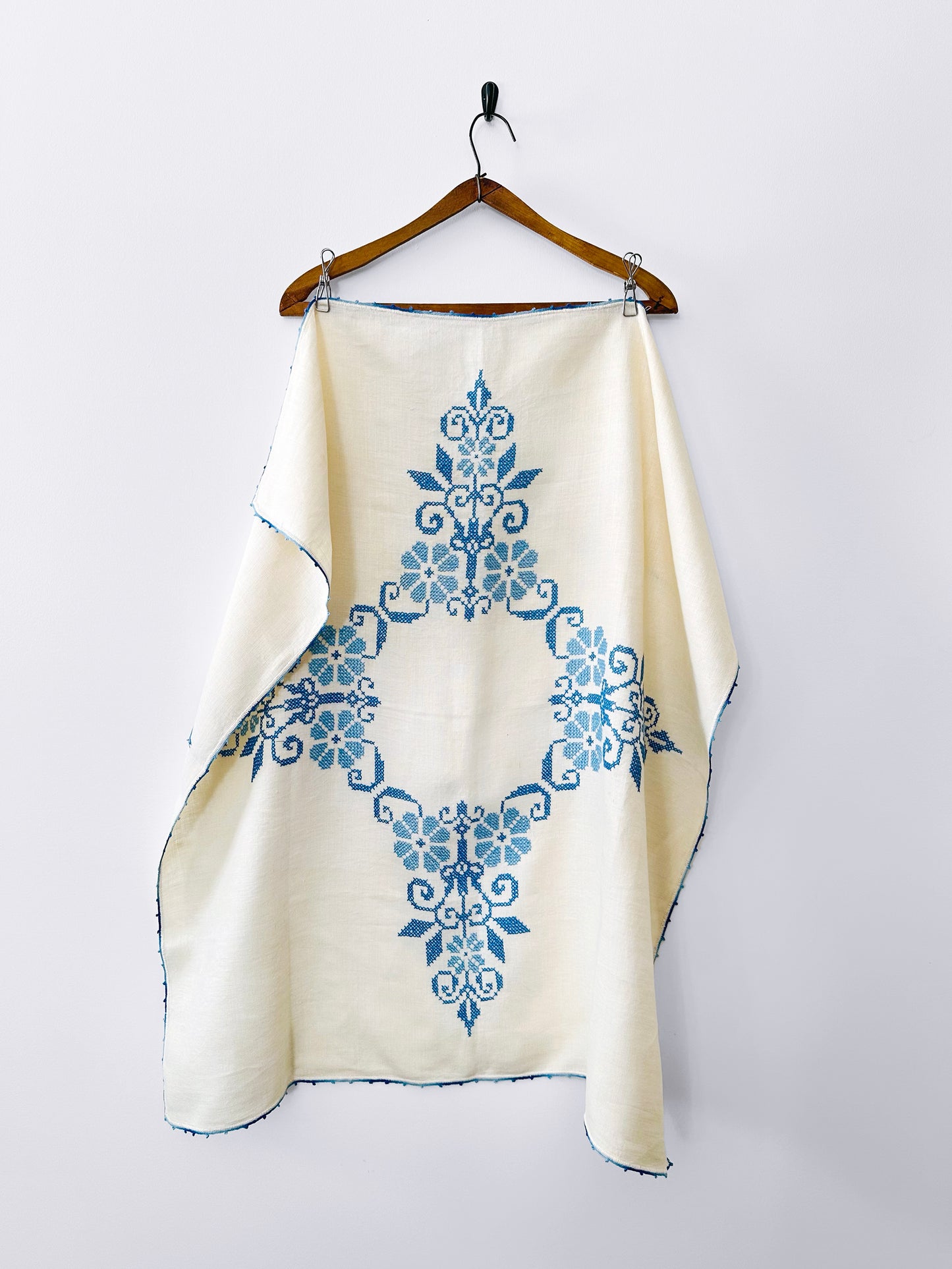 Vintage 1960s Mid-Century Cream and Blue Hand Embroidered Square Folk Tablecloth