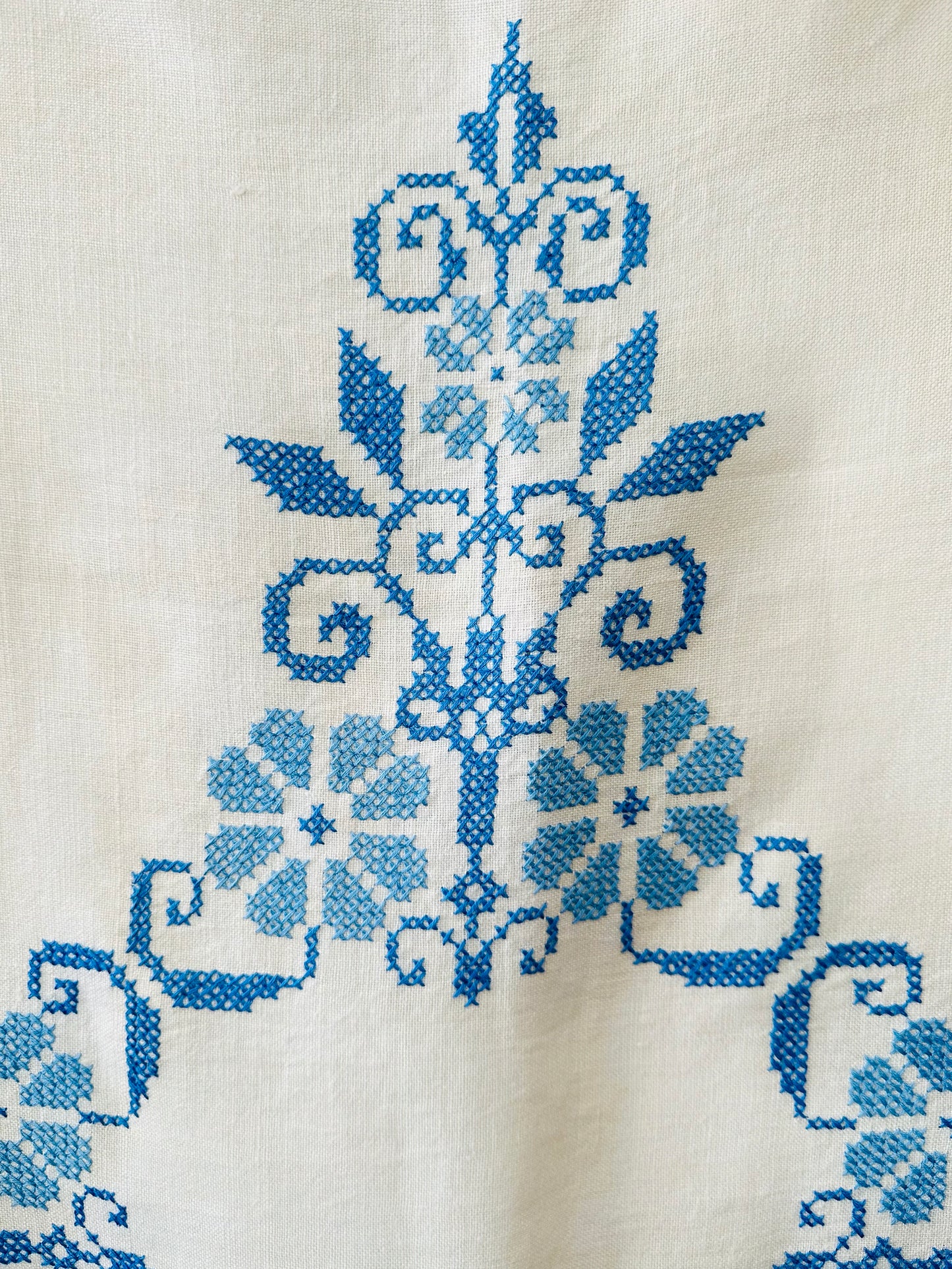 Vintage 1960s Mid-Century Cream and Blue Hand Embroidered Square Folk Tablecloth