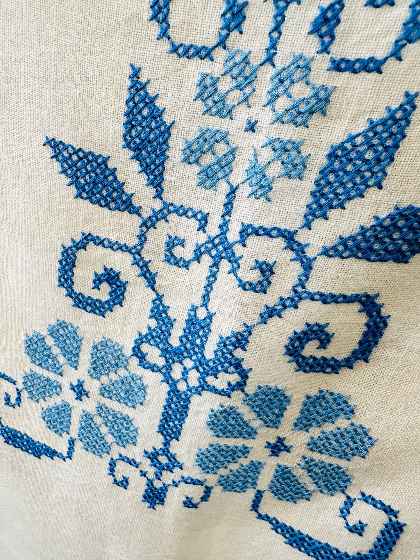 Vintage 1960s Mid-Century Cream and Blue Hand Embroidered Square Folk Tablecloth