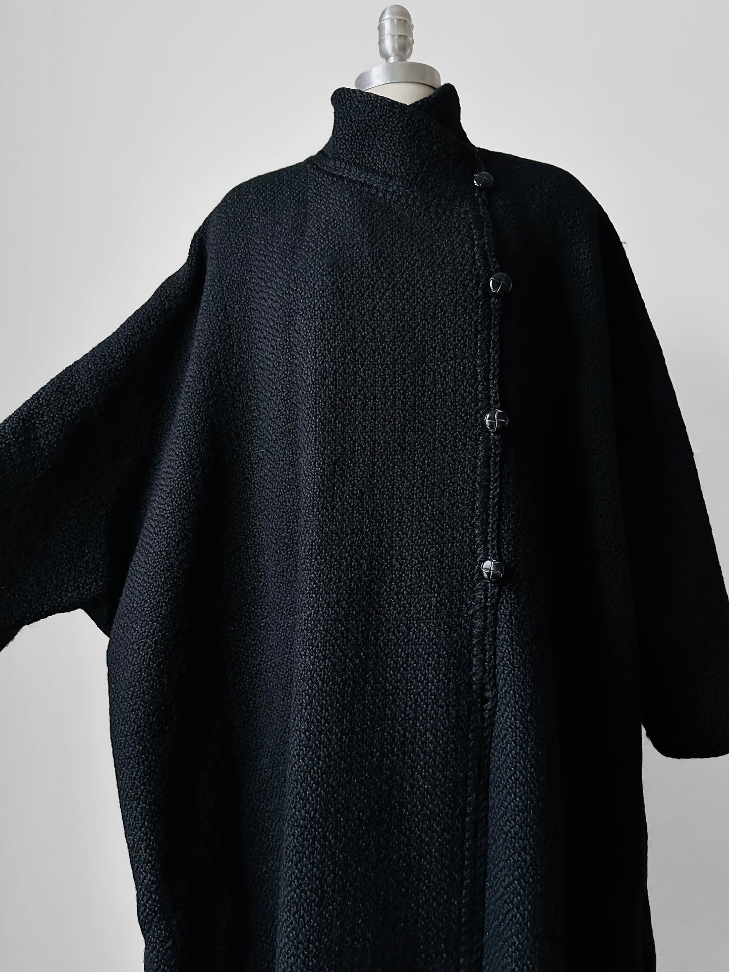 1980s Black Wool Full Length Wrap Shawl Coat