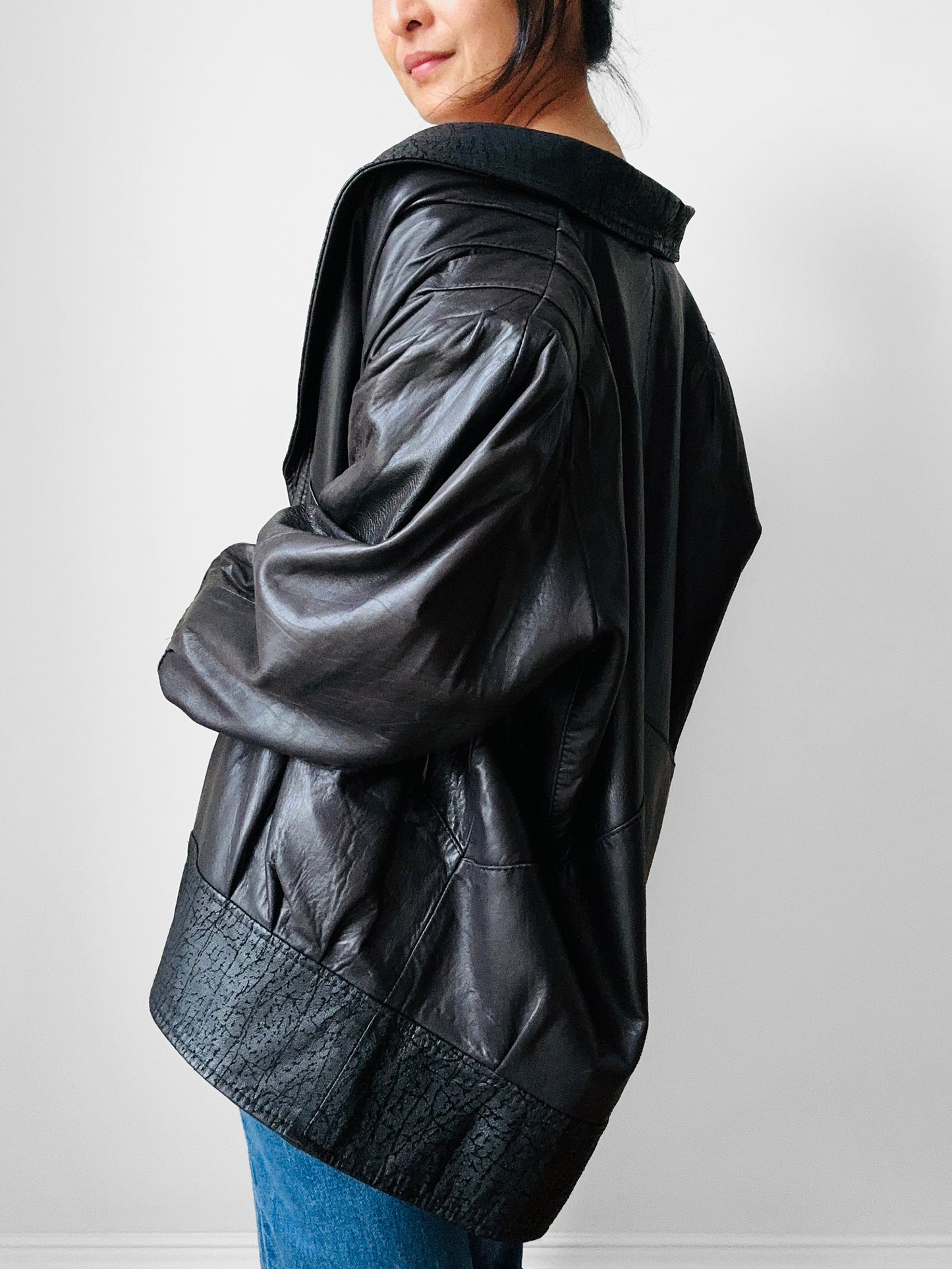 1980s Black Buttery Soft Relax Fit Snap Button Leather Jacket - Sz. M/L