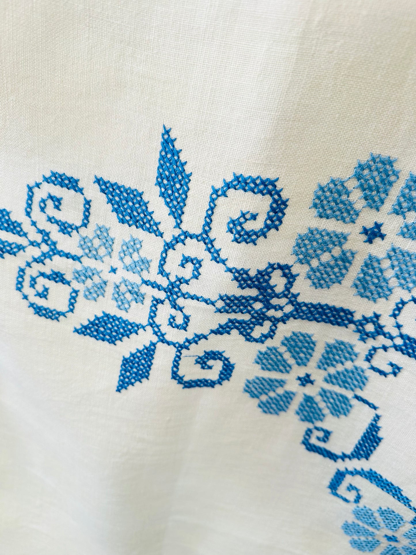 Vintage 1960s Mid-Century Cream and Blue Hand Embroidered Square Folk Tablecloth