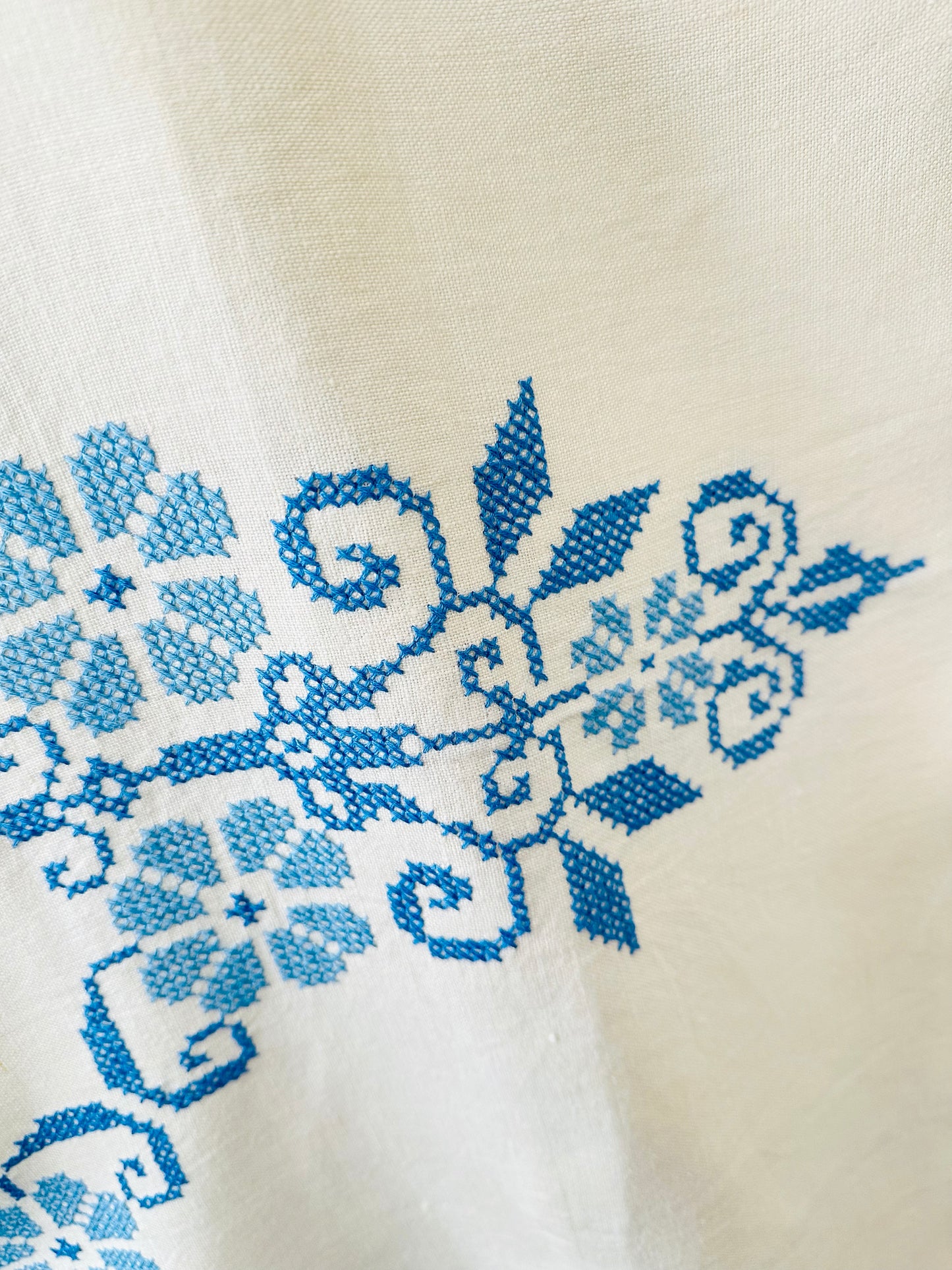 Vintage 1960s Mid-Century Cream and Blue Hand Embroidered Square Folk Tablecloth
