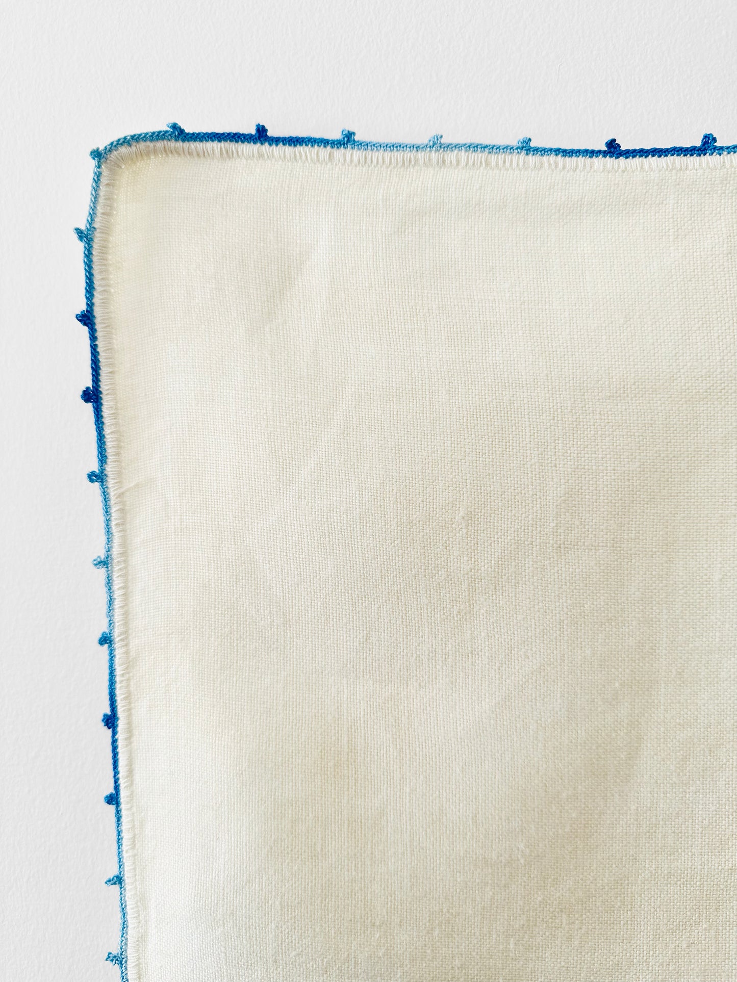 Vintage 1960s Mid-Century Cream and Blue Hand Embroidered Square Folk Tablecloth