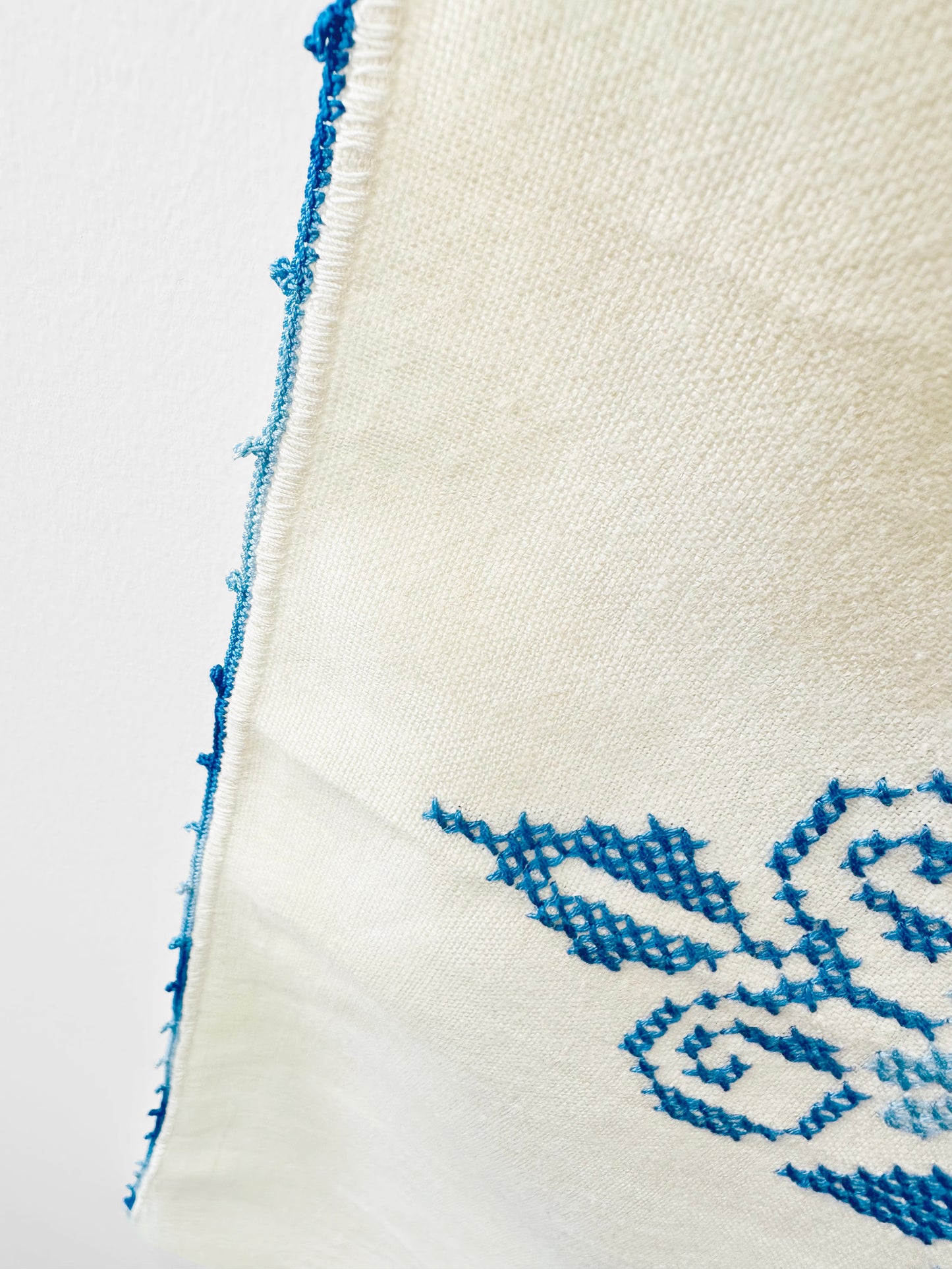 Vintage 1960s Mid-Century Cream and Blue Hand Embroidered Square Folk Tablecloth