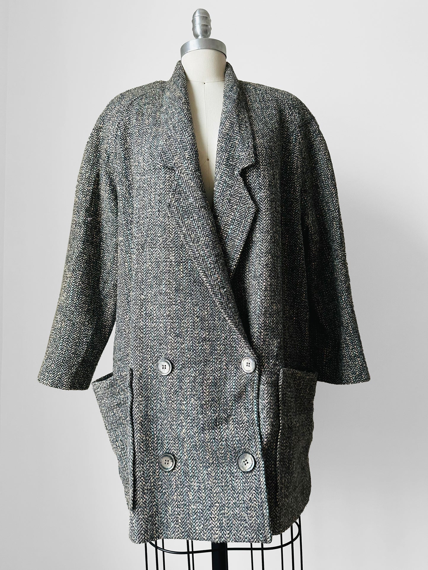 1980s Grey Speckled Wool Tweed LOUBEN Double-Breasted Blazer Jacket - Sz. S/M