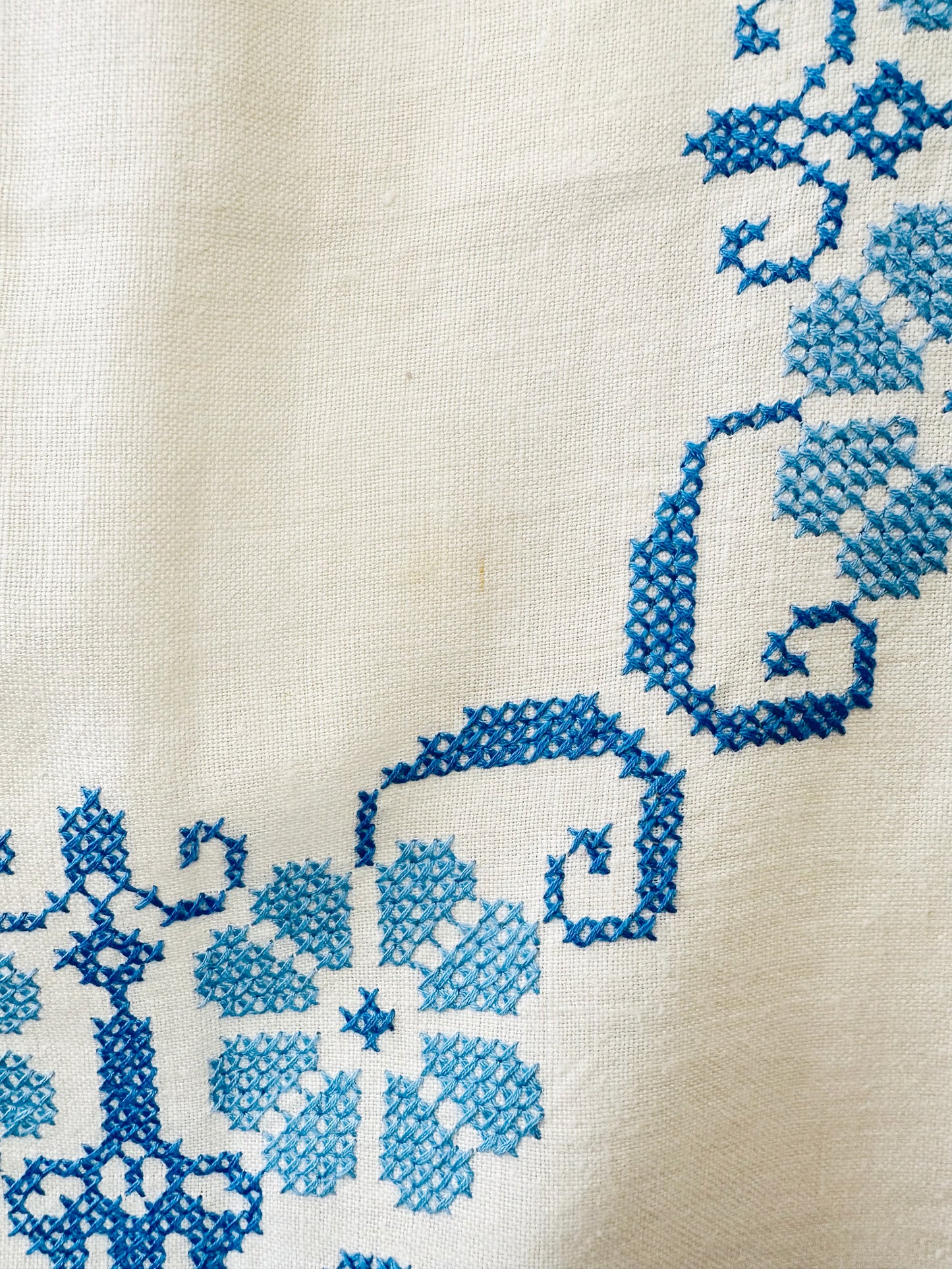 Vintage 1960s Mid-Century Cream and Blue Hand Embroidered Square Folk Tablecloth