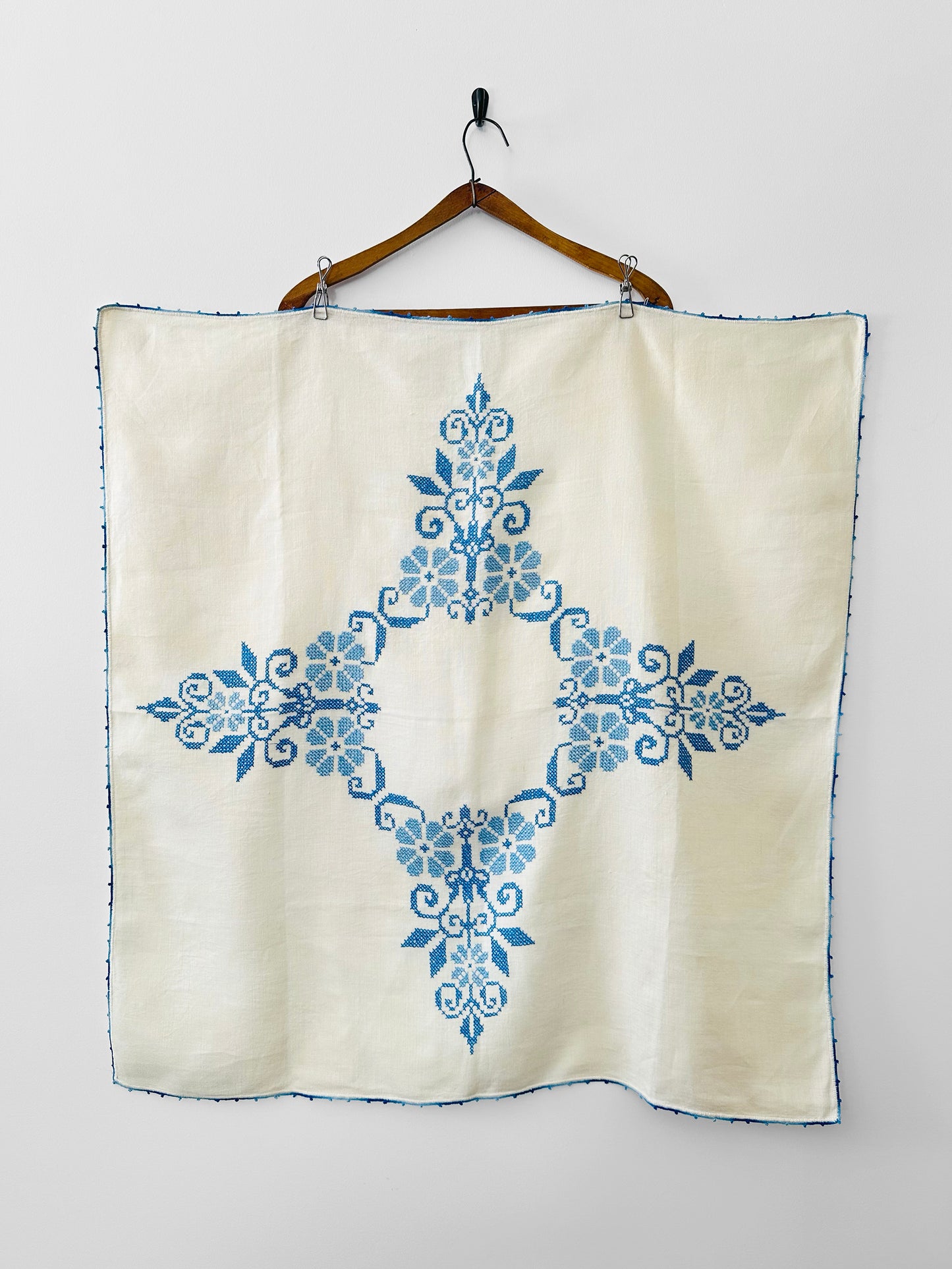 Vintage 1960s Mid-Century Cream and Blue Hand Embroidered Square Folk Tablecloth