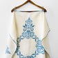 Vintage 1960s Mid-Century Cream and Blue Hand Embroidered Square Folk Tablecloth