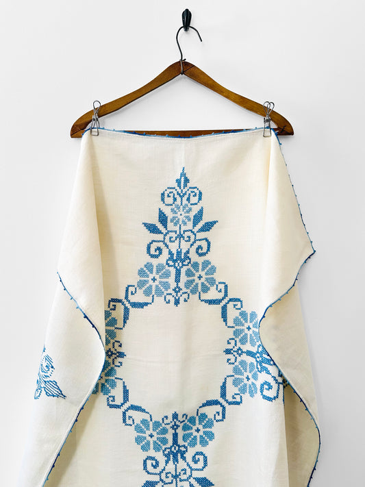 Vintage 1960s Mid-Century Cream and Blue Hand Embroidered Square Folk Tablecloth