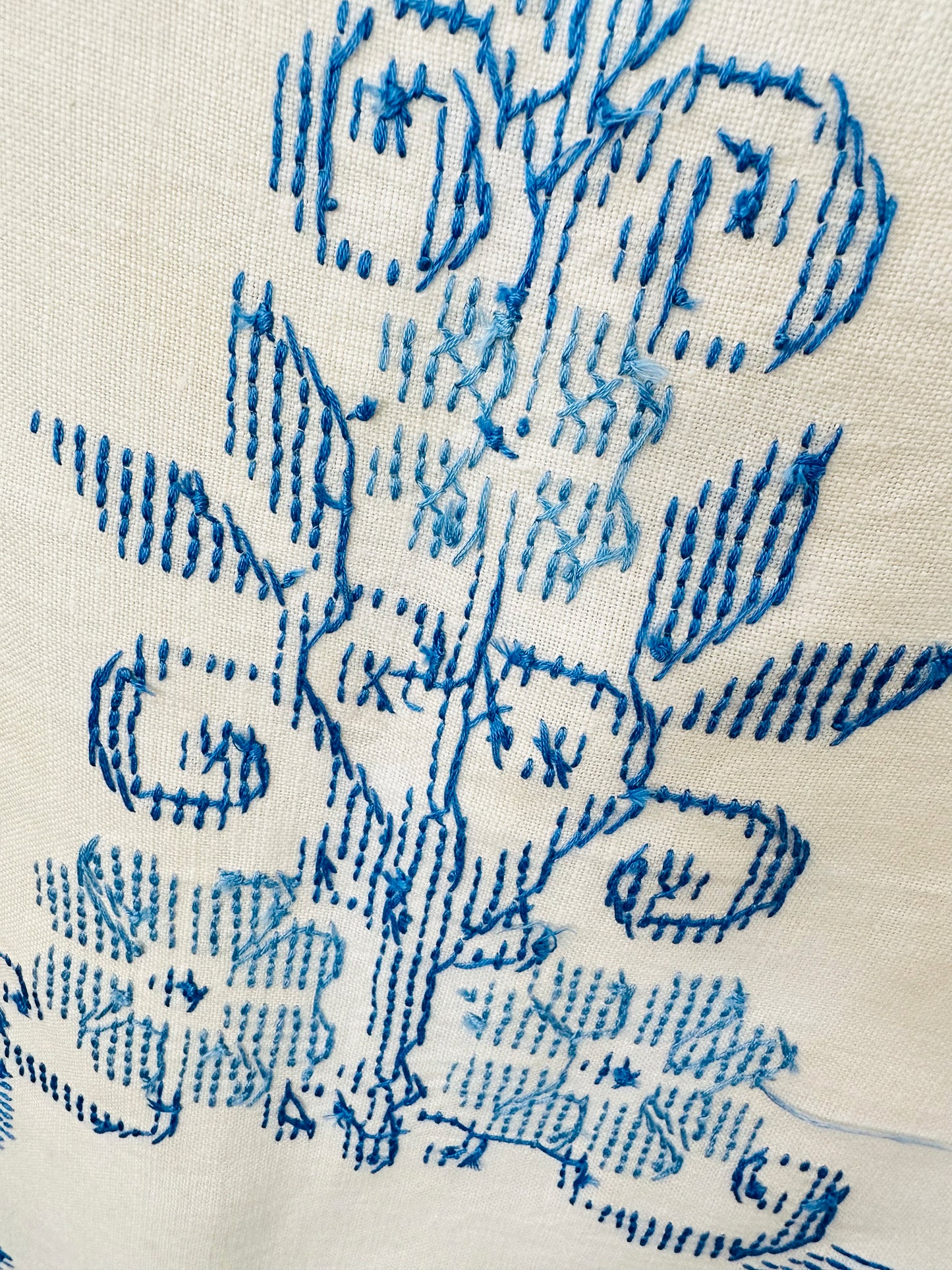 Vintage 1960s Mid-Century Cream and Blue Hand Embroidered Square Folk Tablecloth