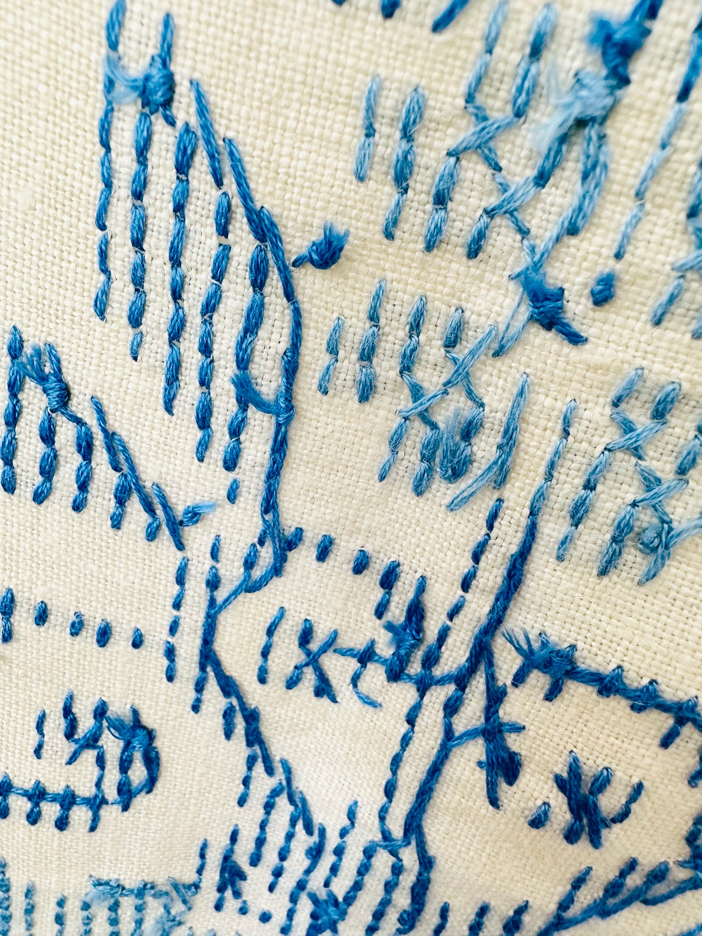 Vintage 1960s Mid-Century Cream and Blue Hand Embroidered Square Folk Tablecloth