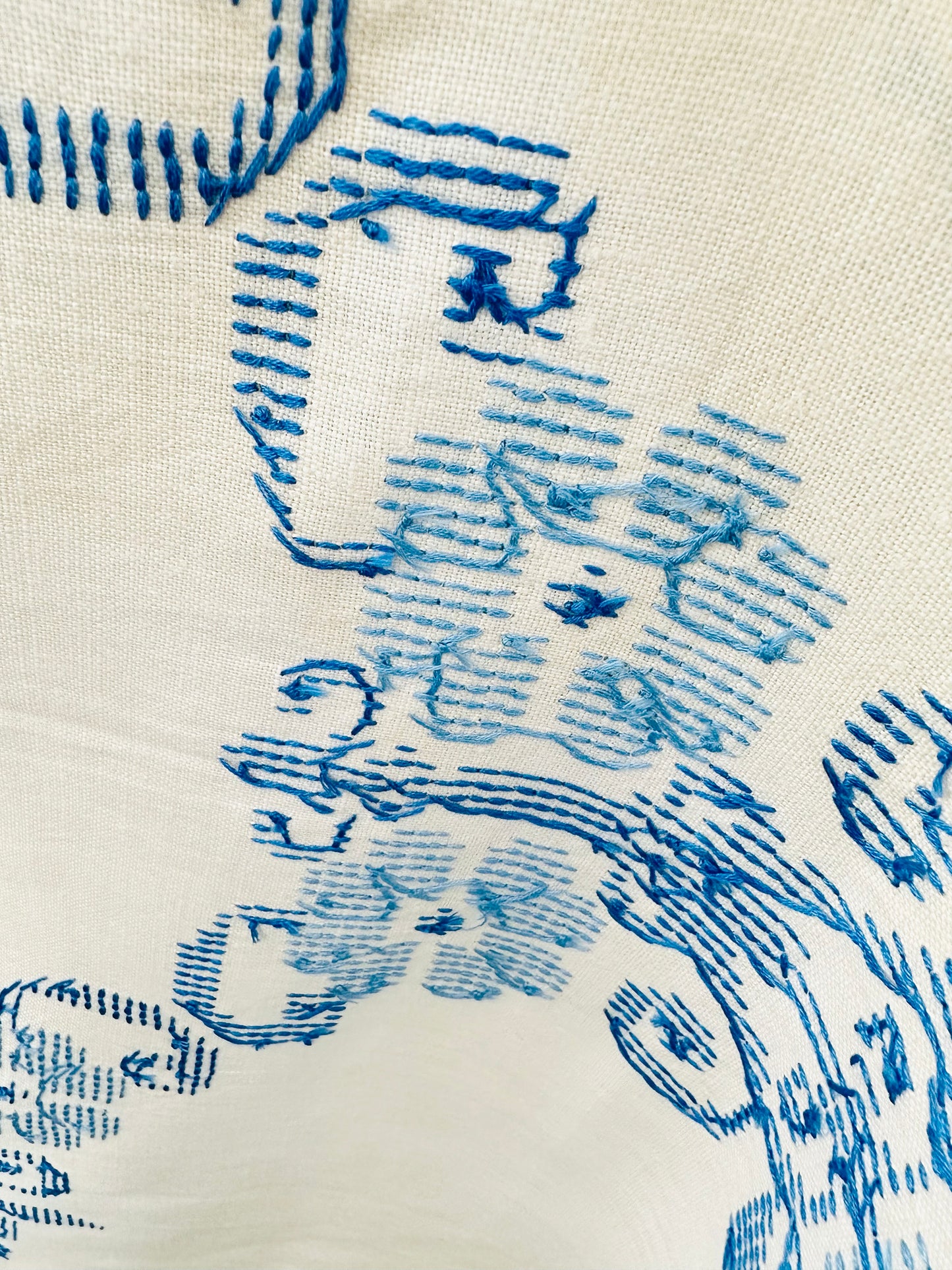 Vintage 1960s Mid-Century Cream and Blue Hand Embroidered Square Folk Tablecloth