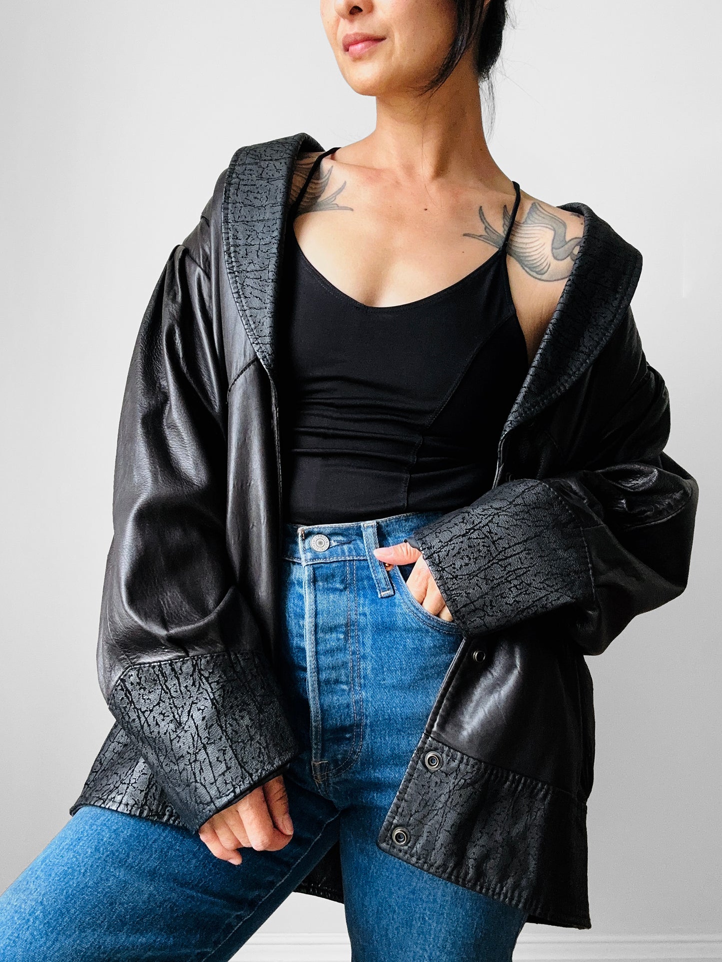 1980s Black Buttery Soft Relax Fit Snap Button Leather Jacket - Sz. M/L