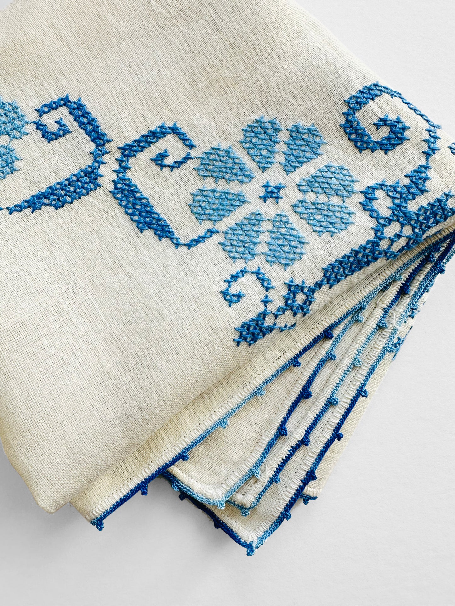 Vintage 1960s Mid-Century Cream and Blue Hand Embroidered Square Folk Tablecloth
